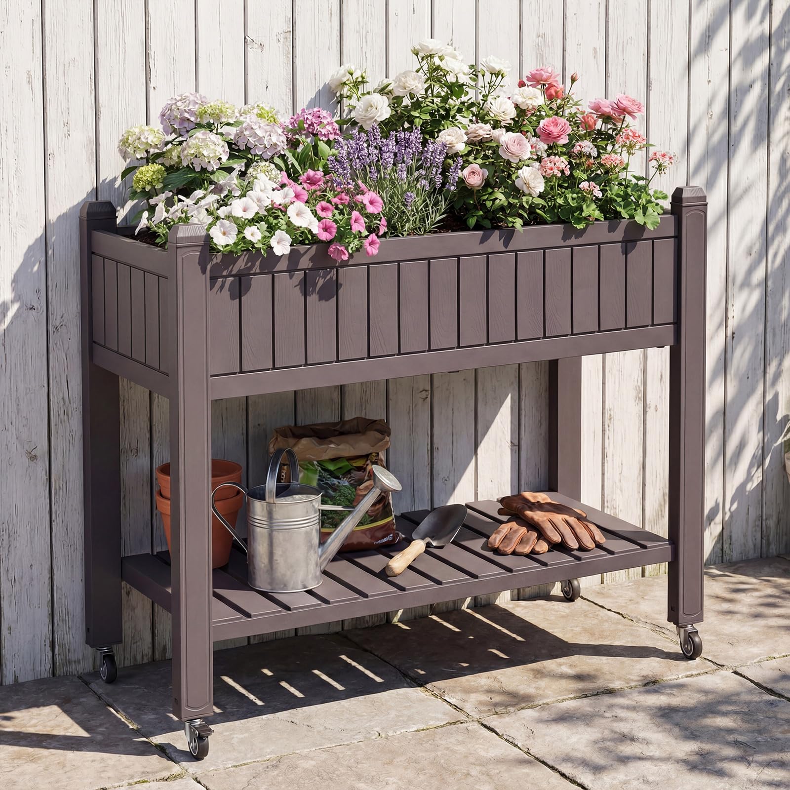 COSTWAY Huerto Urbano Elevado Mesa de Cultivo con Ruedas, Caja de Planta Divisible con Monitor de Agua, Orificio de Drenaje y Estante para Verduras y Hierbas, para Cultivo Plantas Flores Verduras