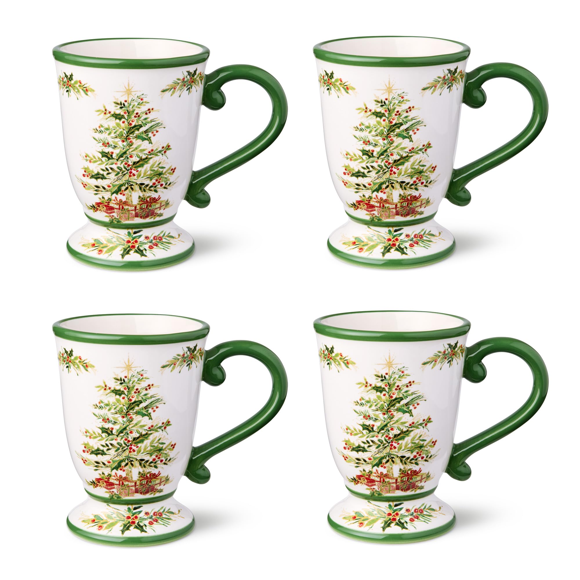 Holly Tree Weihnachtstassen – Set mit 4 Keramikbechern mit klassischem Baum-Design, spülmaschinenfest, gemütliches saisonales Trinkgeschirr für Kaffee, Tee und Kakao