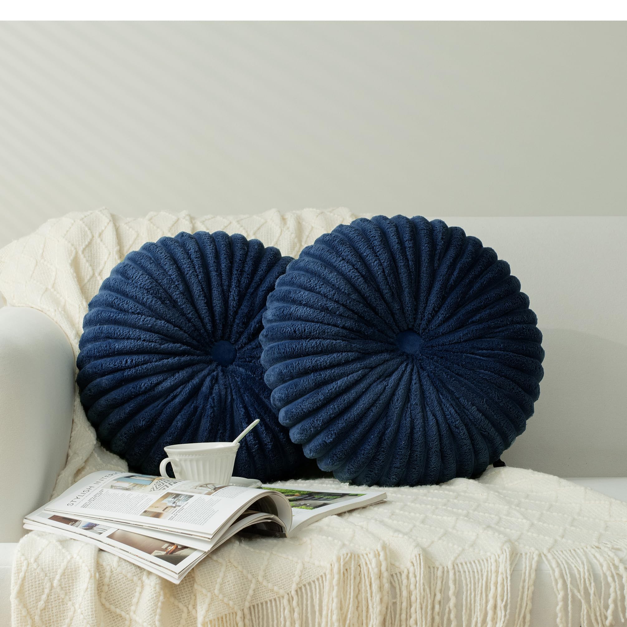 HIG Set of 2 Navy Flannel Decorative Round Pleated Throw Pillows
