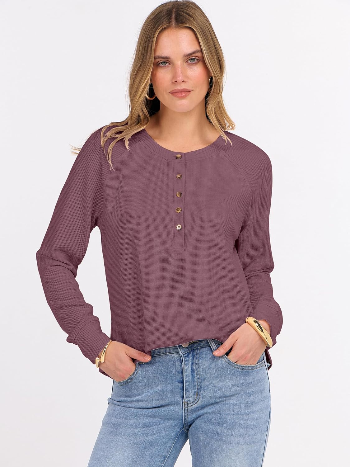 ANRABESS Women's Long Sleeve Waffle Knit Shirts Dressy Casual Loose Button Up V Neck Henley Tops 2026 Fall Basic Tee Blouse - Image 2