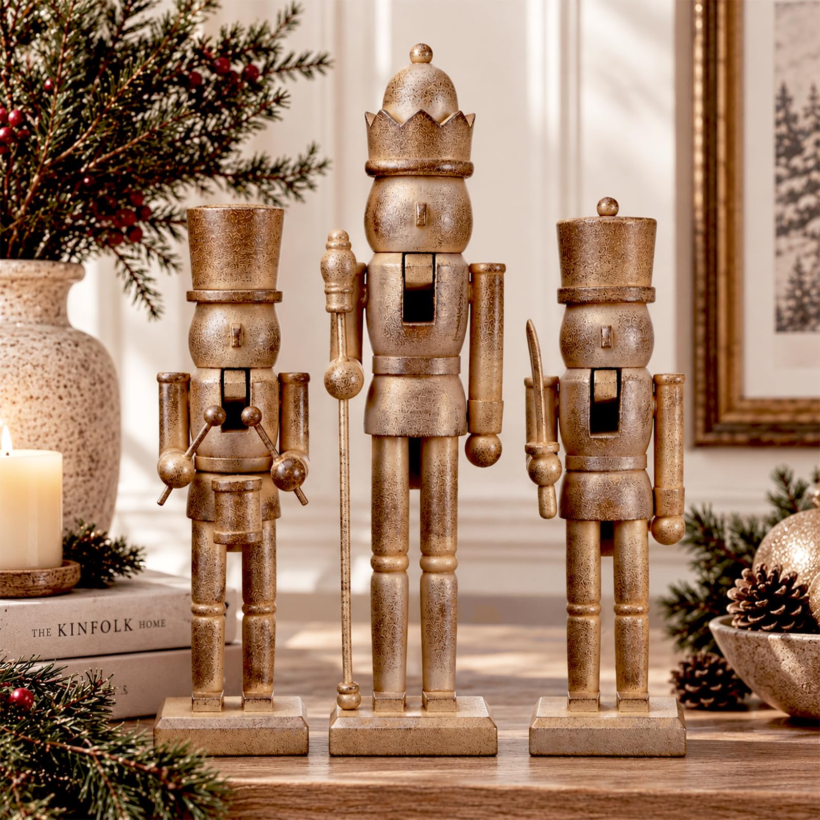 Leinuosen 3 Pcs Neutral Christmas Wooden Nutcracker 10", 12.6", Nostalgic