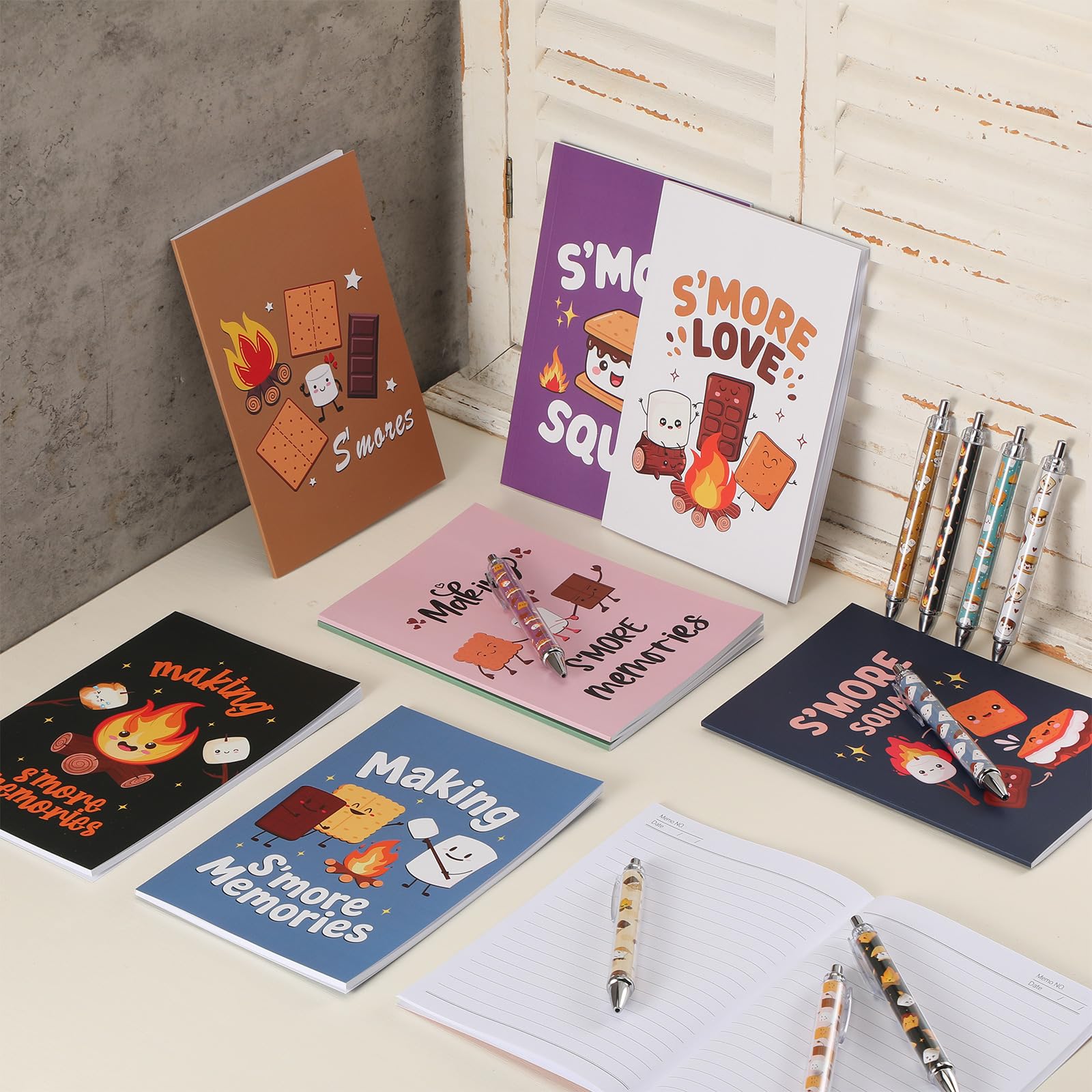 Resurhang S'more Marshmallow-Geschenk-Set, 9 Marshmallow-Notizbücher und 9 Kugelschreiber, lustiges Lagerfeuer-Thema, Schreibwaren, Mitarbeiter-Wertschätzung, Geschenke für Lehrer, Kollegen