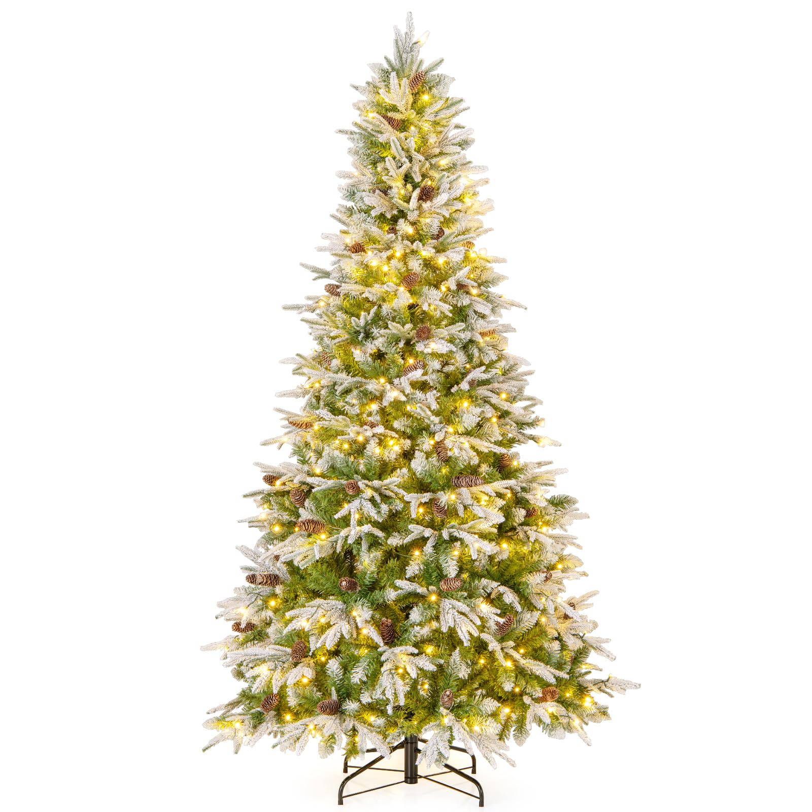 COSTWAY Árbol de Navidad Nevado 225 cm, Arbol de Navidad con Luces Incorporadas, 470 Luces LED Blanco Cálido, 81 Piñas, 1135 Ramas de PE y PVC, Arvore de Natal Hogar Oficina Fiesta (225cm)