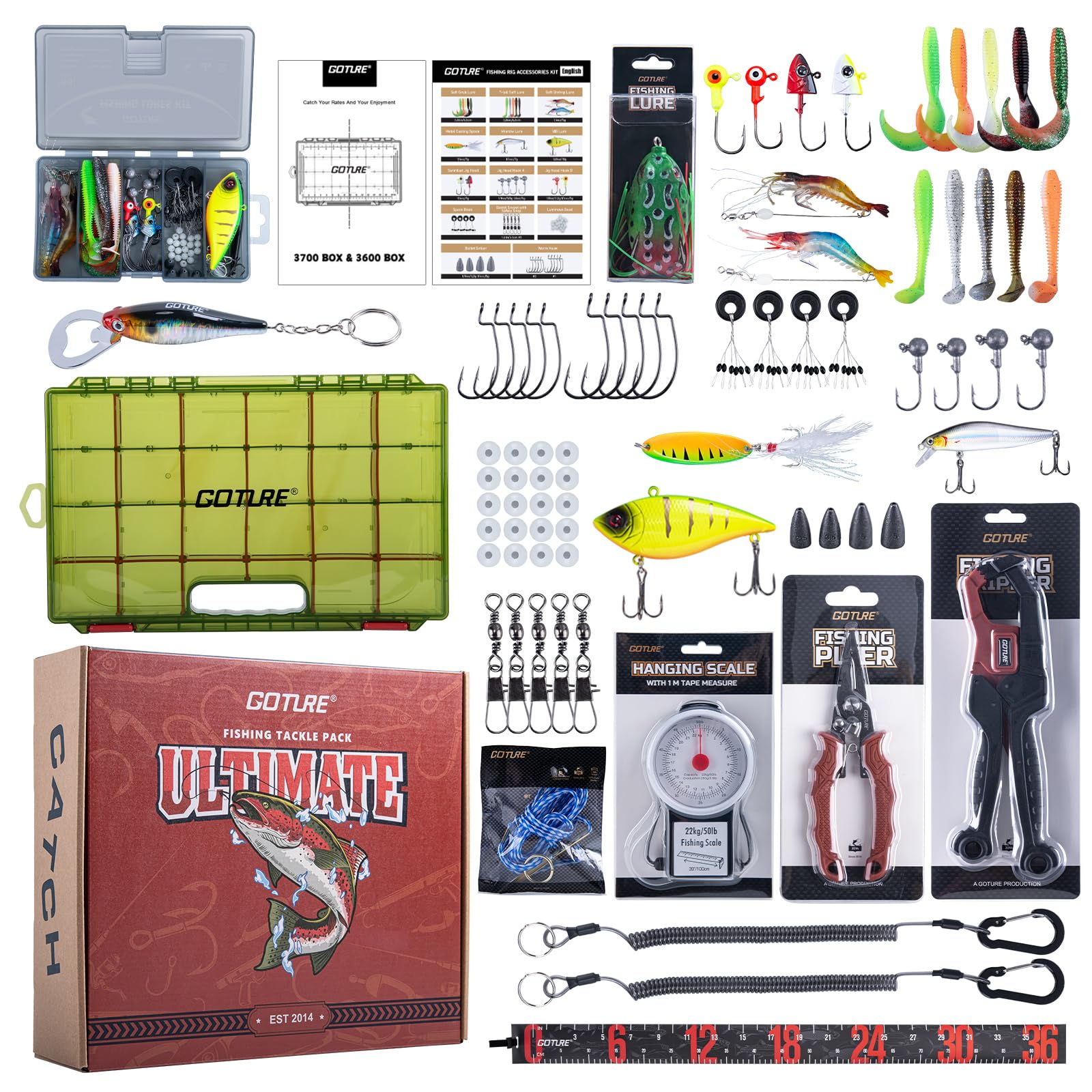 Goture Pro Fishing Gear and Equipment Tools Accessories Kit, 66pcs Lures & Hooks Kit, 3600 Tackle Box, Fishing Pliers, Fish Lip Gripper, Fish Rope, Scales, Ruler, Lanyards, Best Gifts for Anglers
