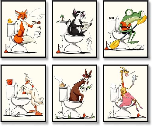 Juego de 6 pósteres de lienzo para pared de baño, diseño de animales, diseño de zorro, gato, rana, jirafa, caballo en el inodoro, ilustración para
