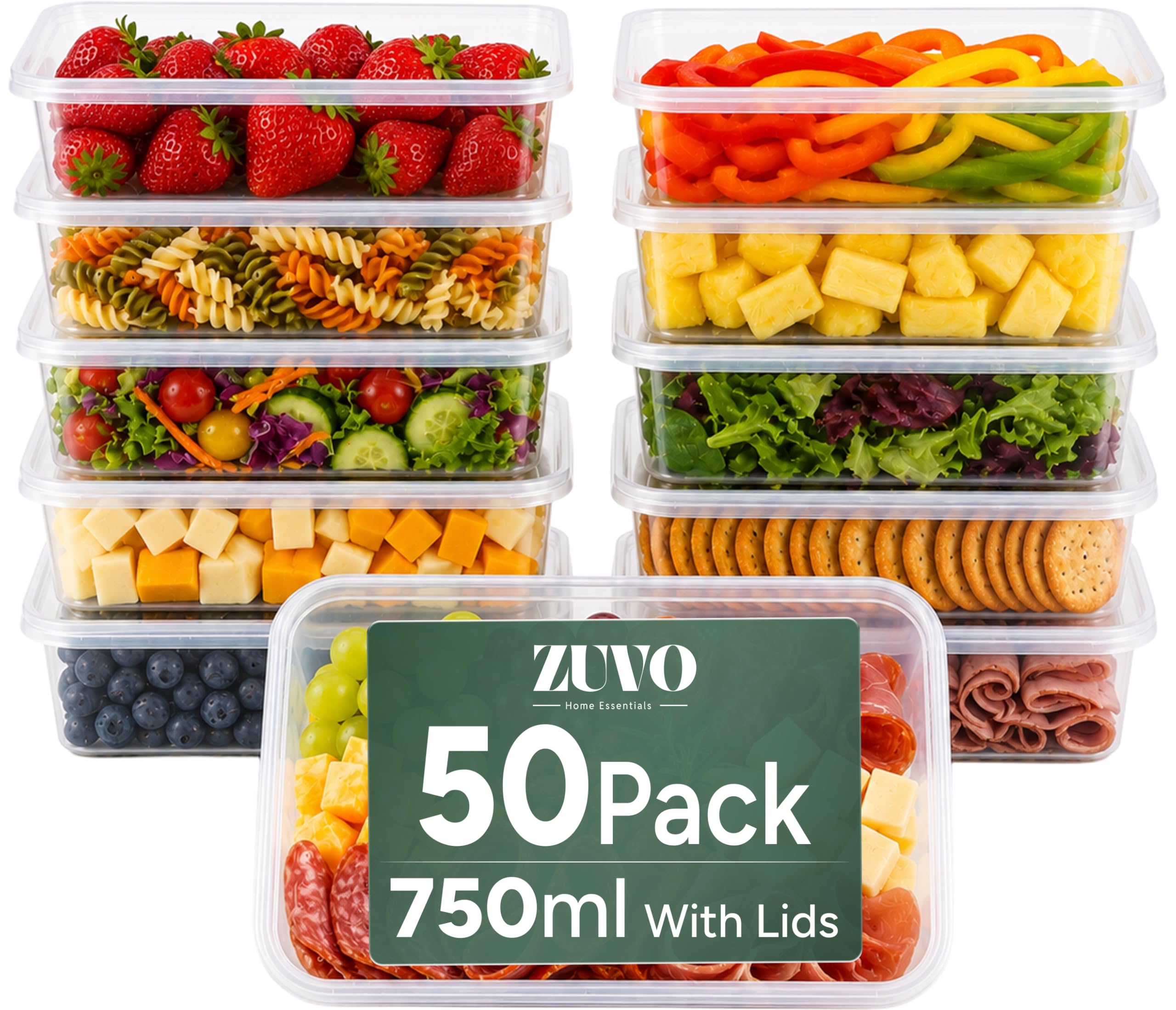 Zuvo Plastic Food Containers with Lids, 50 Pack, 750 ml, Reusable