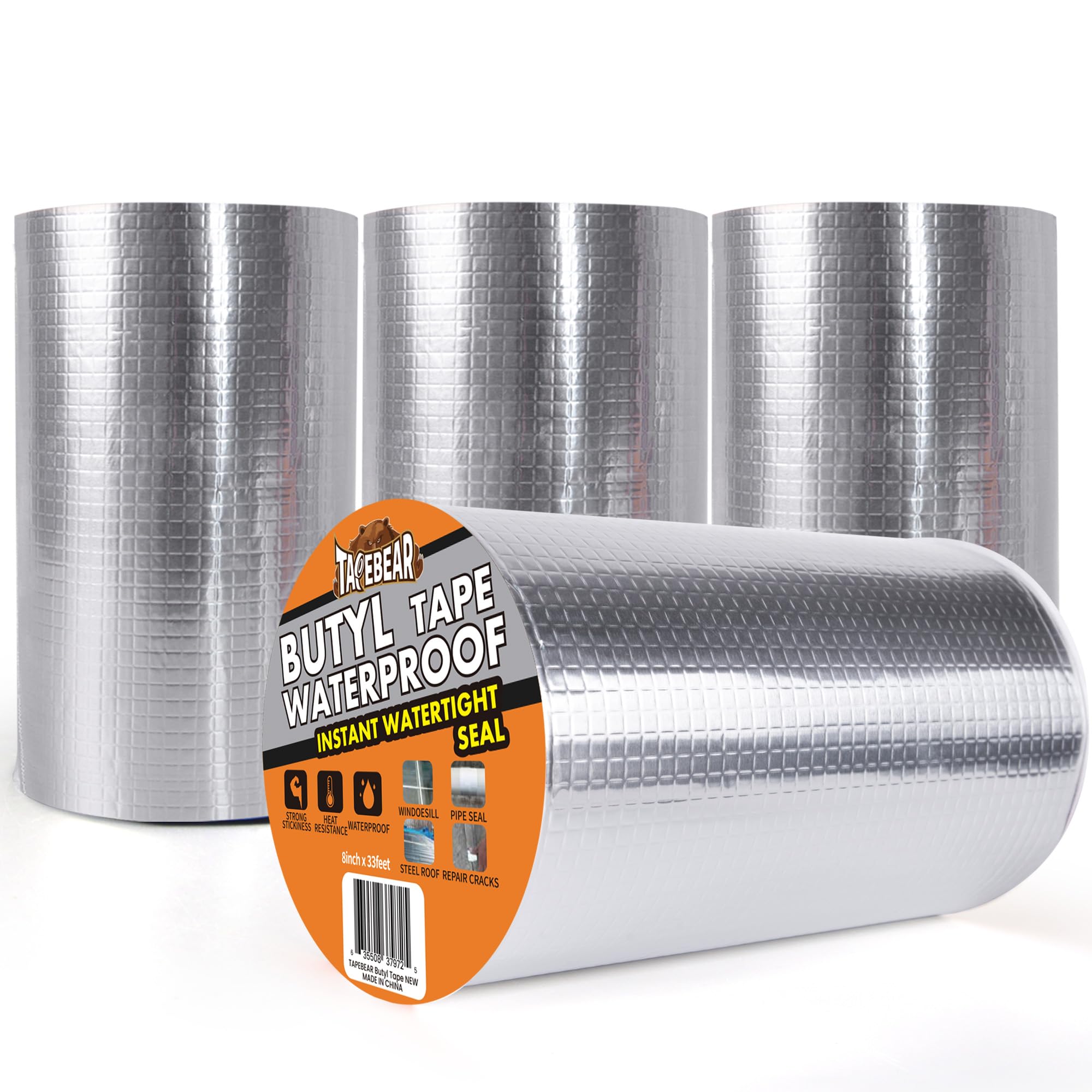 TAPEBEAR 4Rolls 200mm x 10m Butyl Tape Waterproof Sealant Tape, Aluminum Foil Duct Sealing Tape for RV Roof Repair, Boat and Pipe Sealing, Silicone, Glass & EDPM Roof Leak Patching, Silver โ image 1