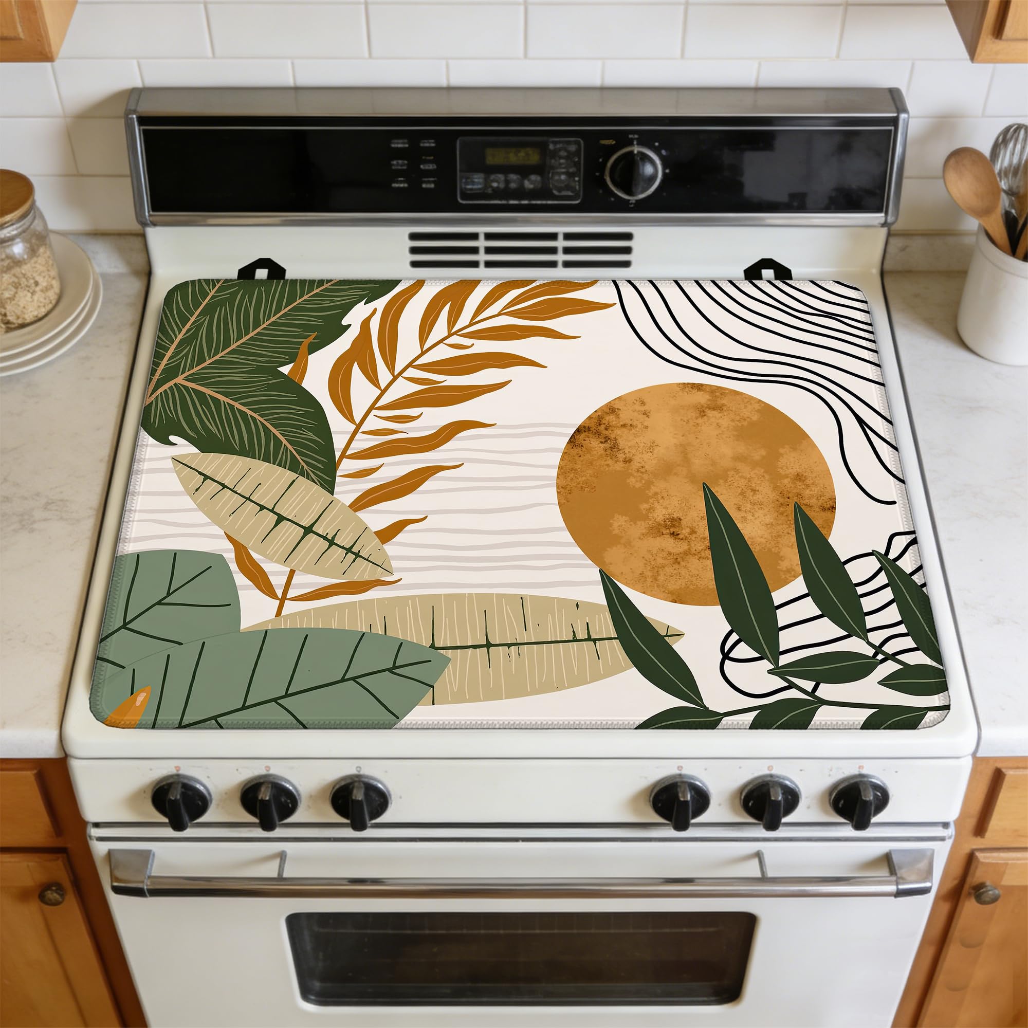 Boho Leaves Stove Top Covers Pad 28 x 20 inches Dish Drying Mat Coffee Bar Mats Kitchen Decor Absorbent Pad Fit Coffee Maker Machine Dish Drying