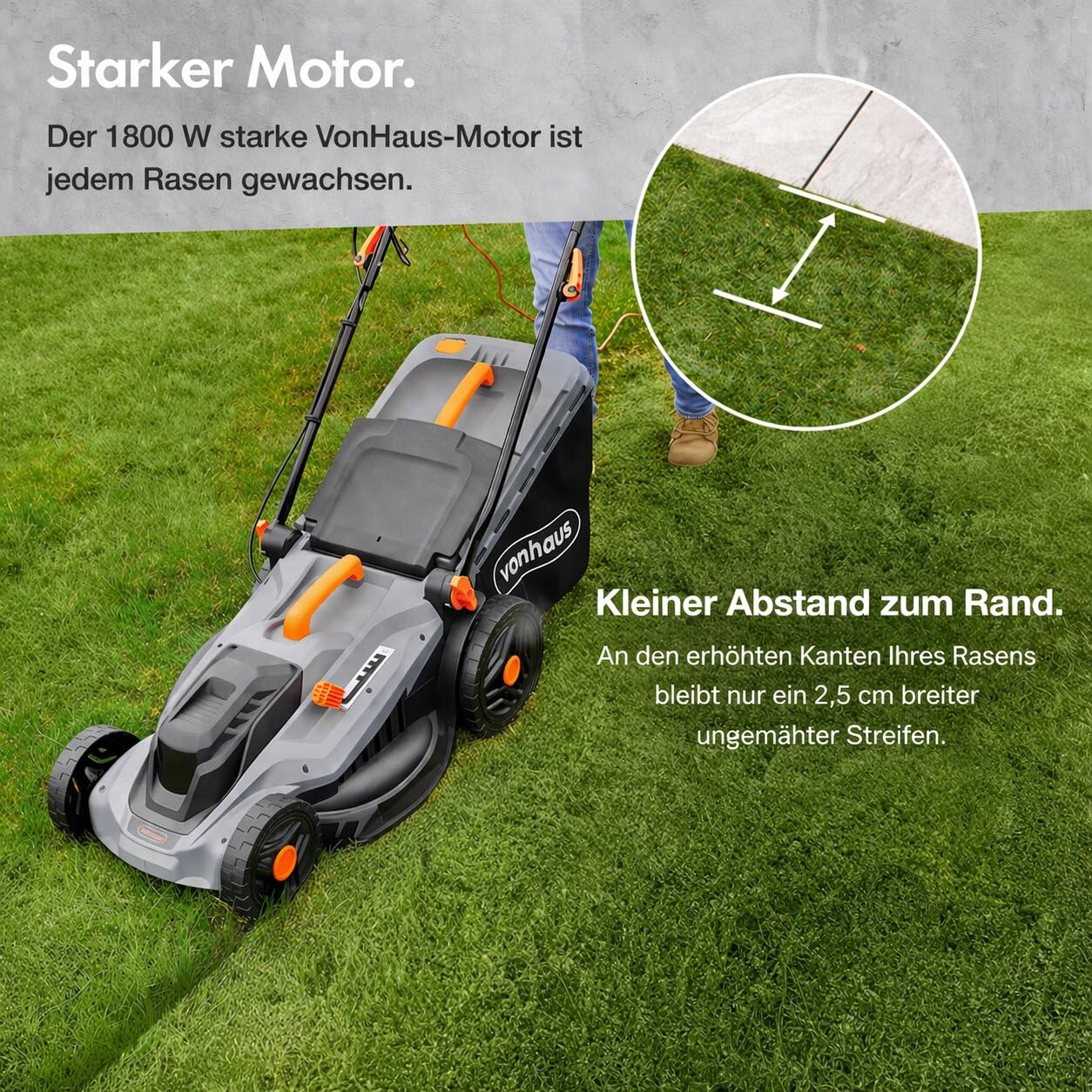 VonHaus Rasenmäher Elektro 1800W mit Mulchfunktion, Rasenmäher mit Kabel | Für alle Grasarten- 52L Fangkorb, 430mm Schnittbreite, 5 Schnitthöhen 25-70mm, Höhenverstellbarer Ergonomischer Softgriff