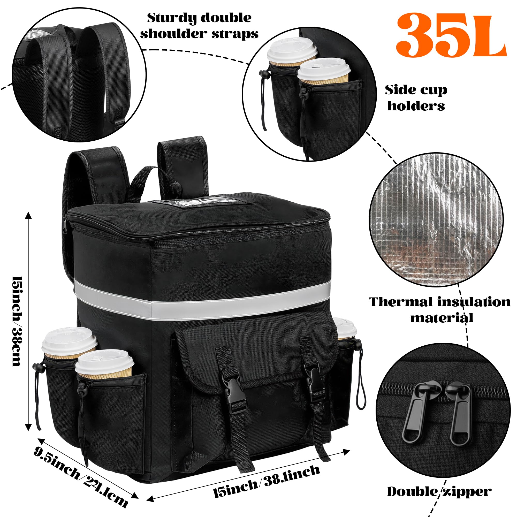Bolsa térmica grande de 35 L con aislamiento térmico para hombres y mujeres, bolsa térmica de entrega de alimentos, plegable, con asas resistentes y cremallera, para camping, barbacoa, compras