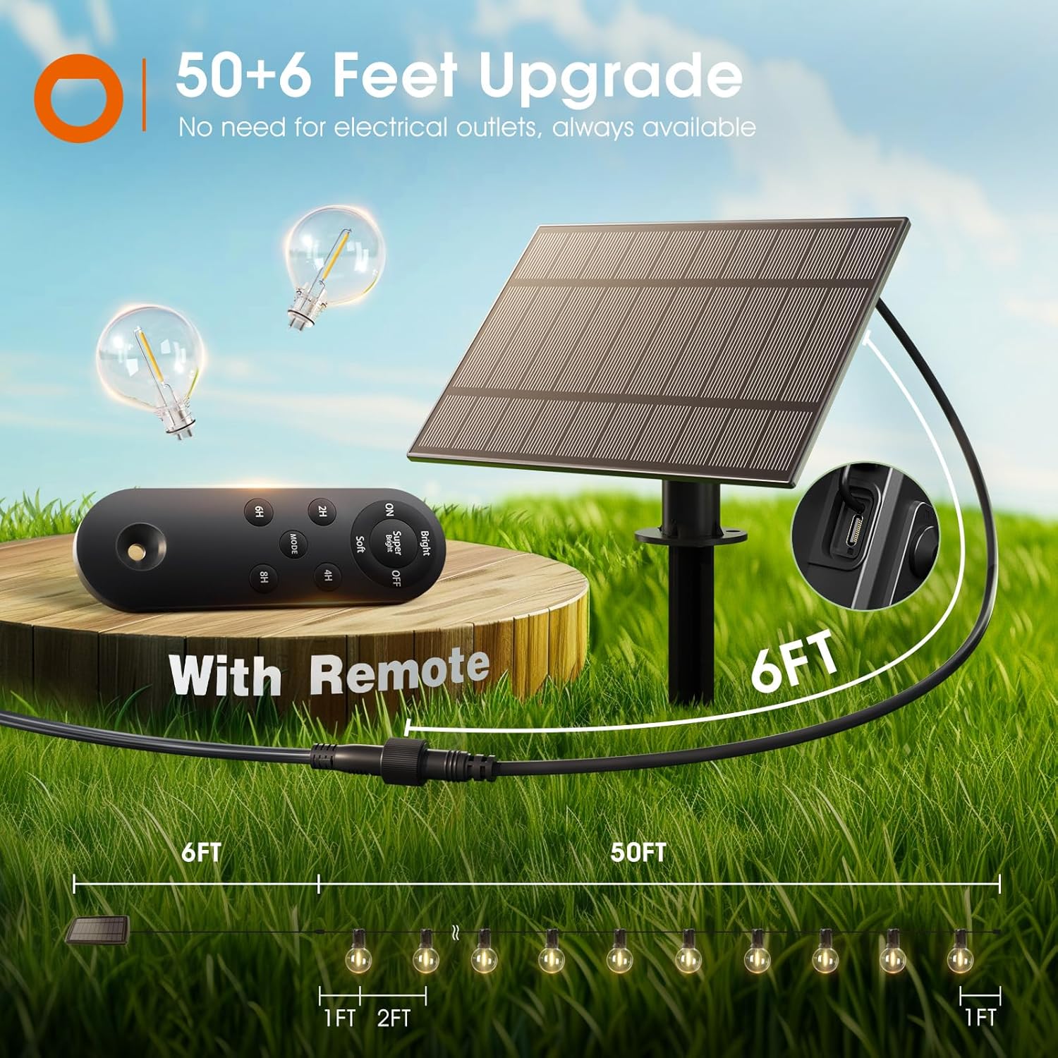 addlon 56FT(50+6) Solar String Lights Outdoor with Remote, 27 Shatterproof G40 Bulbs, Solar Powered & USB Charging Patio Lights, Dimmable Waterproof Solar String Lights for Outside, Camping, Backyard