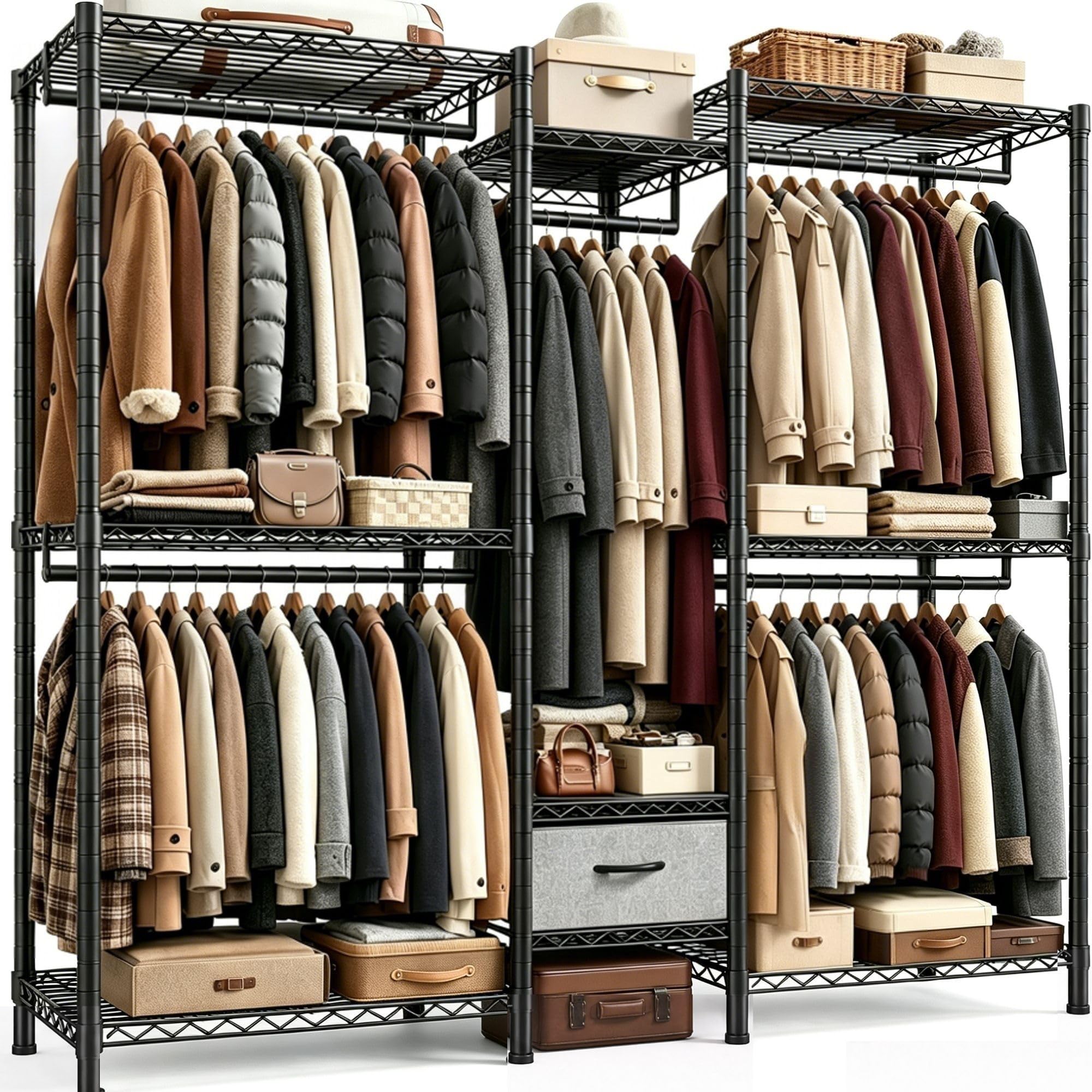 Burro ropa resistente, Armarios dormitorio metálico con 8 estantes regulables en altura, 5 barras para ropa y 1 cajón, 550 KG de carga, Perchero burro ropa, 189x45x194,5 cm, Negro