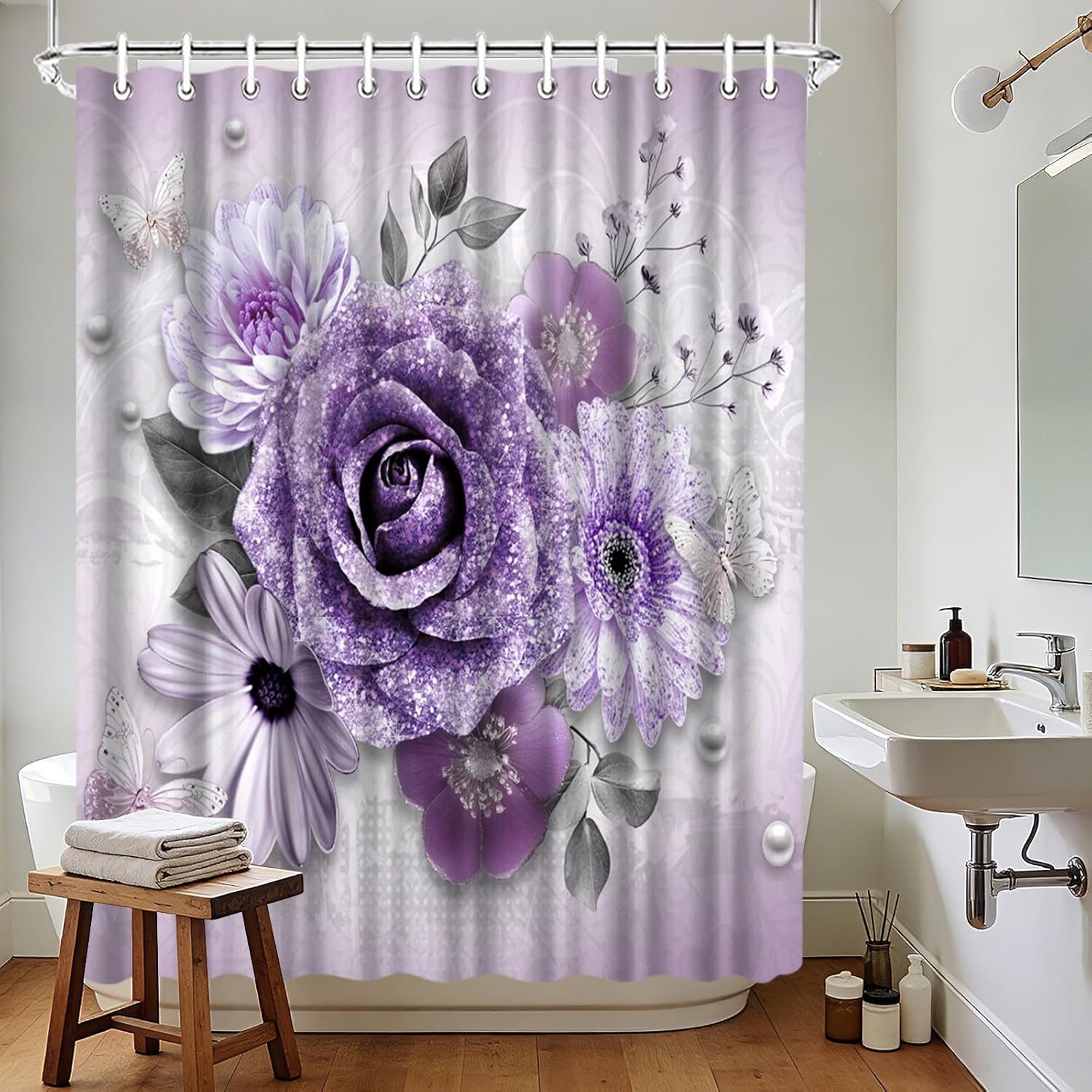Purple Floral Shower Curtain with Butterfly Prints Elegant Rose Flower Bathroom Decor Waterproof Polyester Bath Curtain 72x72 Inch with Hooks