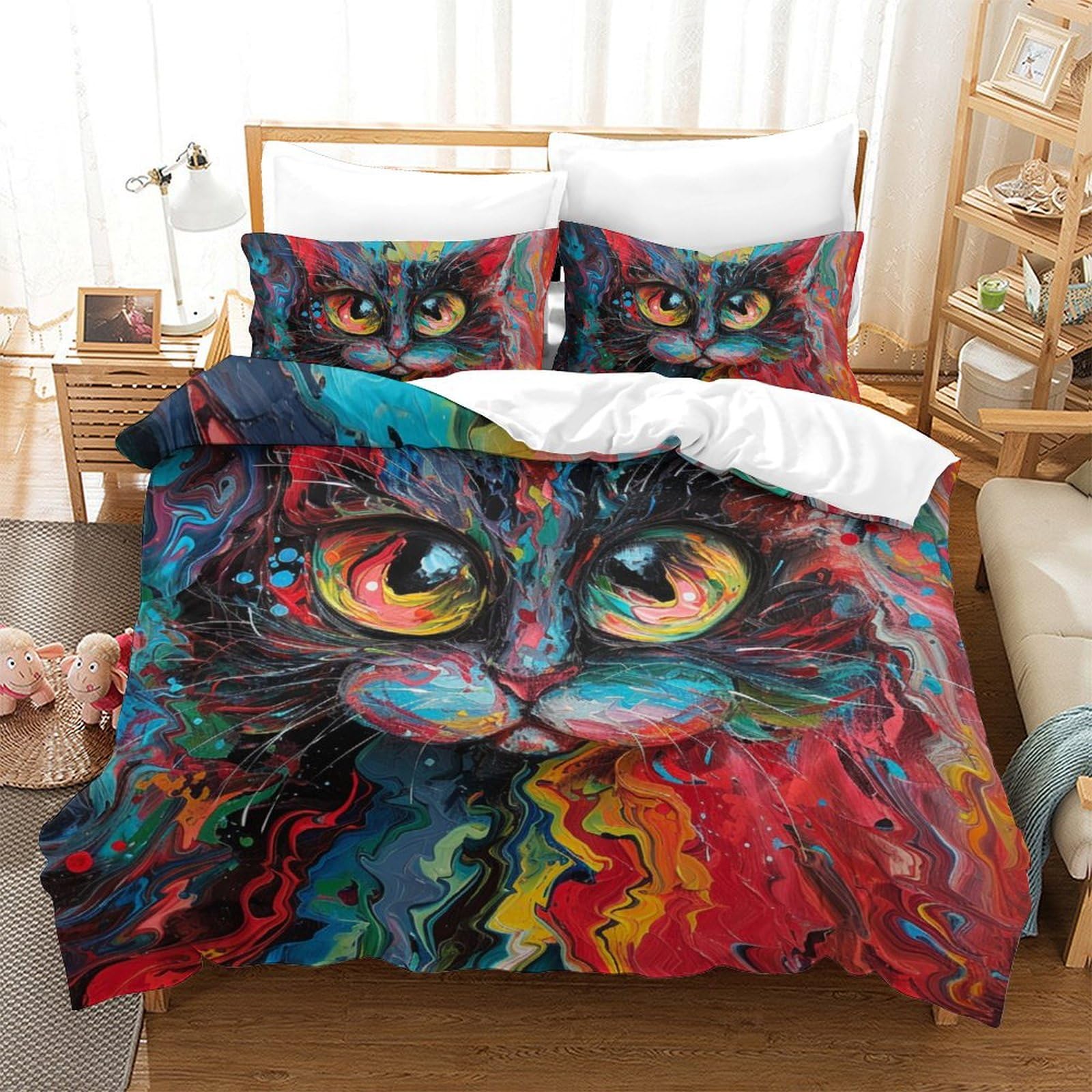 Linge de lit chat 3D 200x200 anti-plis en microfine douce avec zip pour lit ado