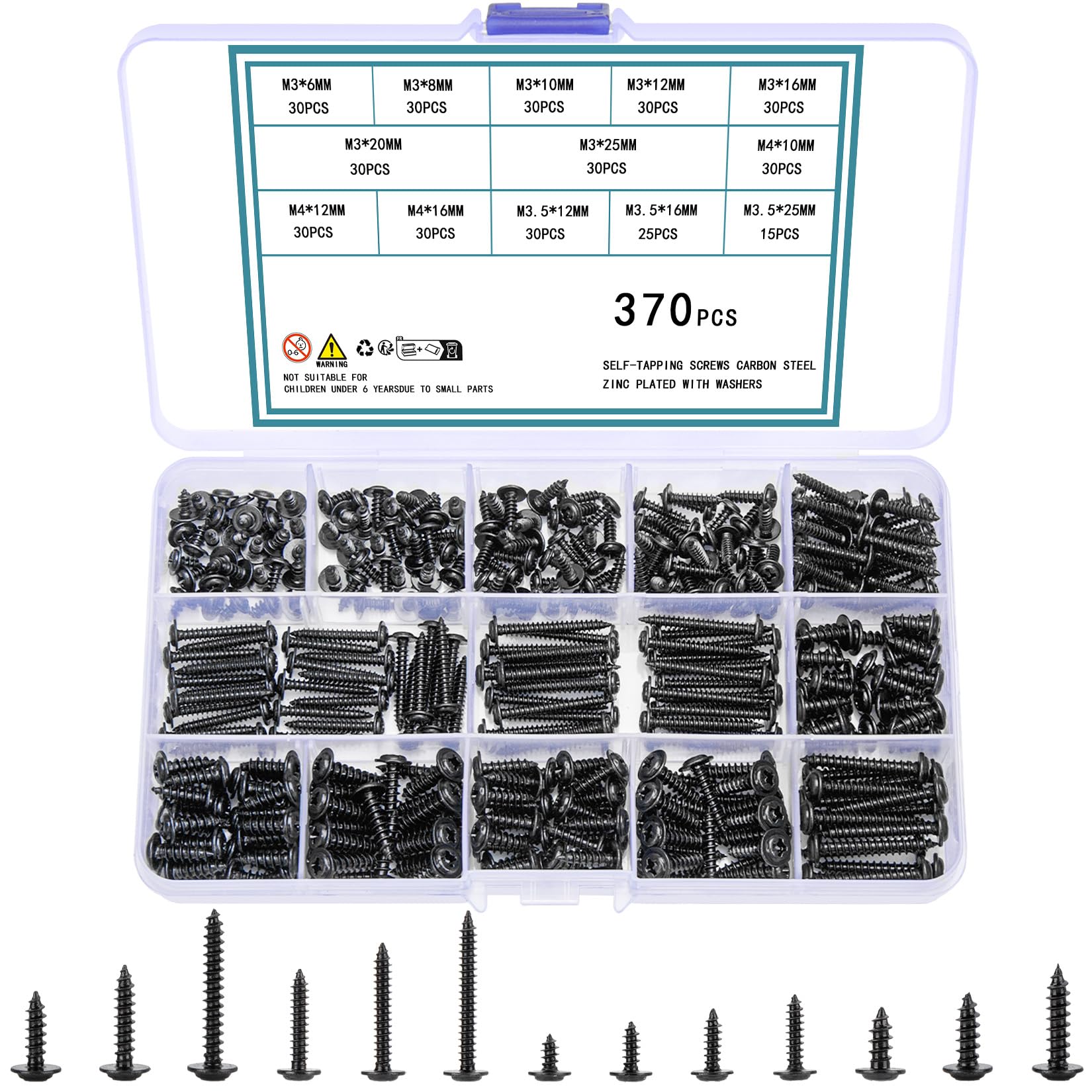 500 stuks zelftappende schroeven, set, koolstofstaal, zwart, M3 Cross Pan Head assortiment, kit met doorzichtige doos voor kunststof, hout, zacht metaal