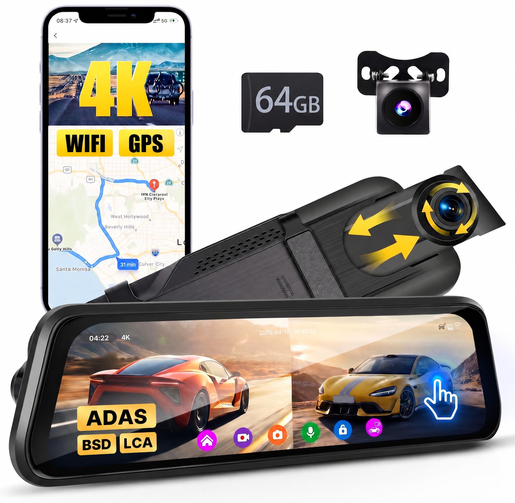 Inefala Dash Cam Rétroviseur 9,66 Écran Tactile 4K WiFi&APP GPS Carte 64 Go