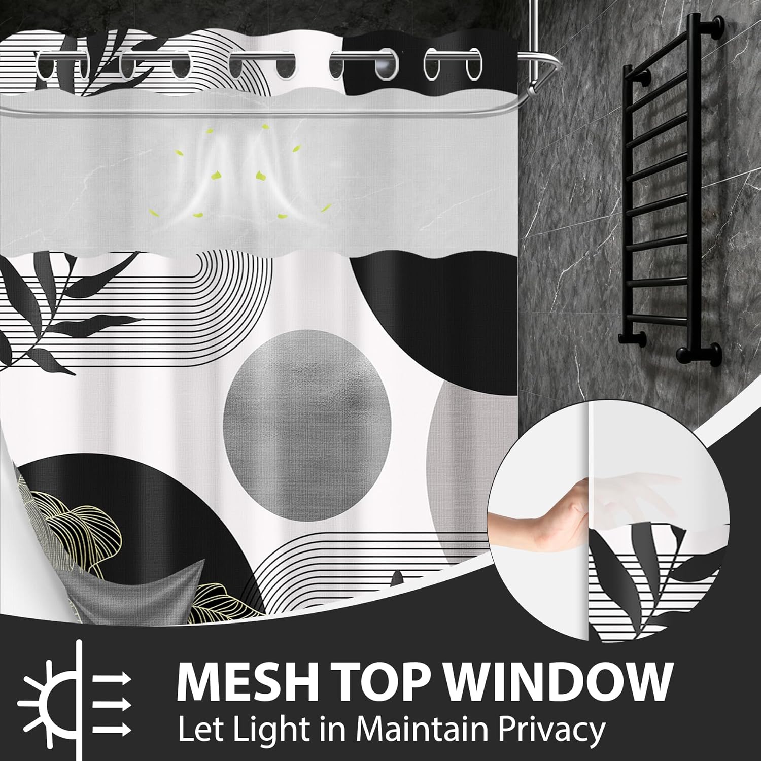 Black and Grey Hookless Shower Curtain with Snap in Liner, Black White Modern Mens No Hook Double Layer Shower Curtain and Liner Set, Waterproof Cloth Fabric, 71" W X 74" L (Pack of 1)