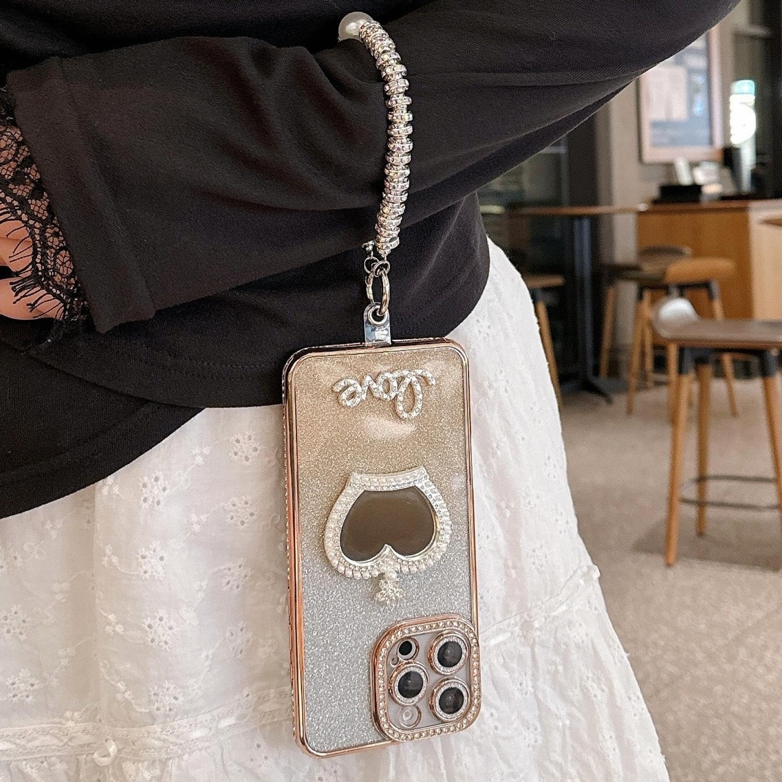 Funda con Espejo de Maquillaje y Purpurina para iPhone 15, con Pulsera chapada (para iPhone 15/Plateado GS)