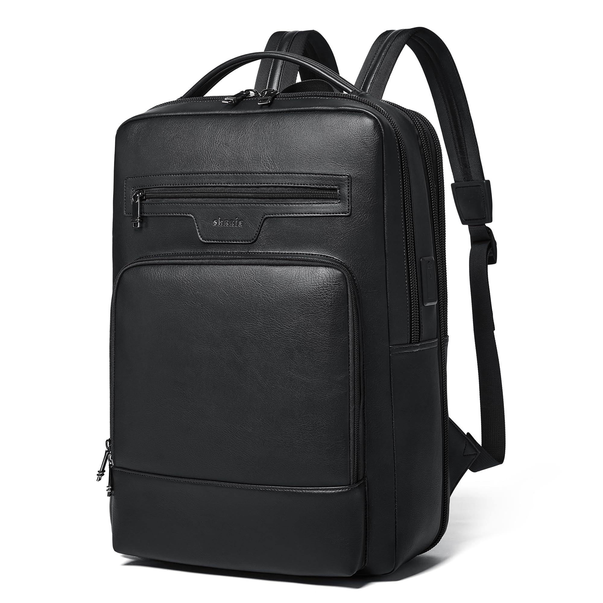Shrrie Leather Laptop Backpack for Women and Men,28 L Travel Backpack Computer Bag Fits 16 inch Laptop,Expandable Casual Daypack with USB Charging