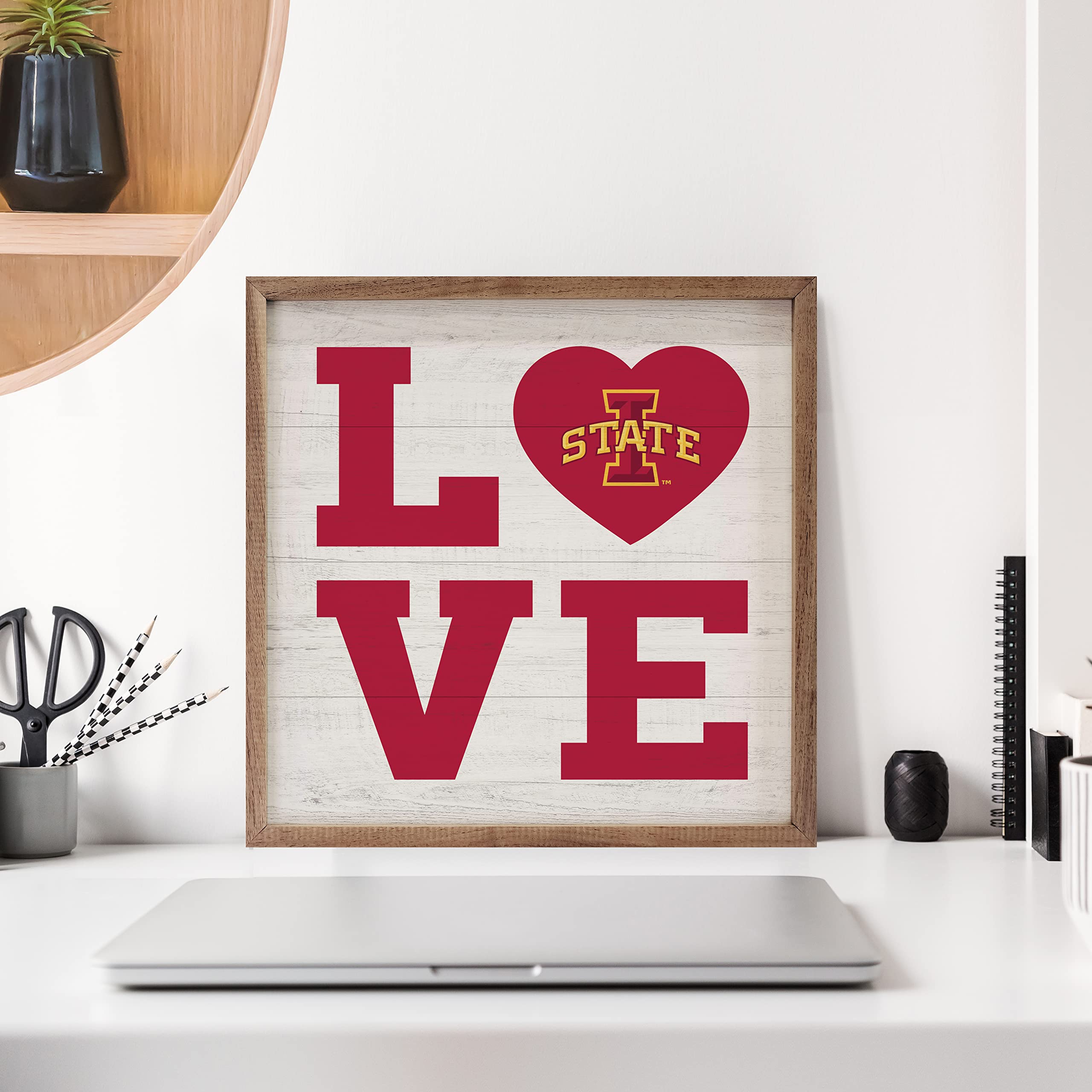 Kendrick Home + Stadium Iowa State Cyclones Love Heart Collegiate Framed Square Wood Sign With State And Team Logo Hawk (12x12)
