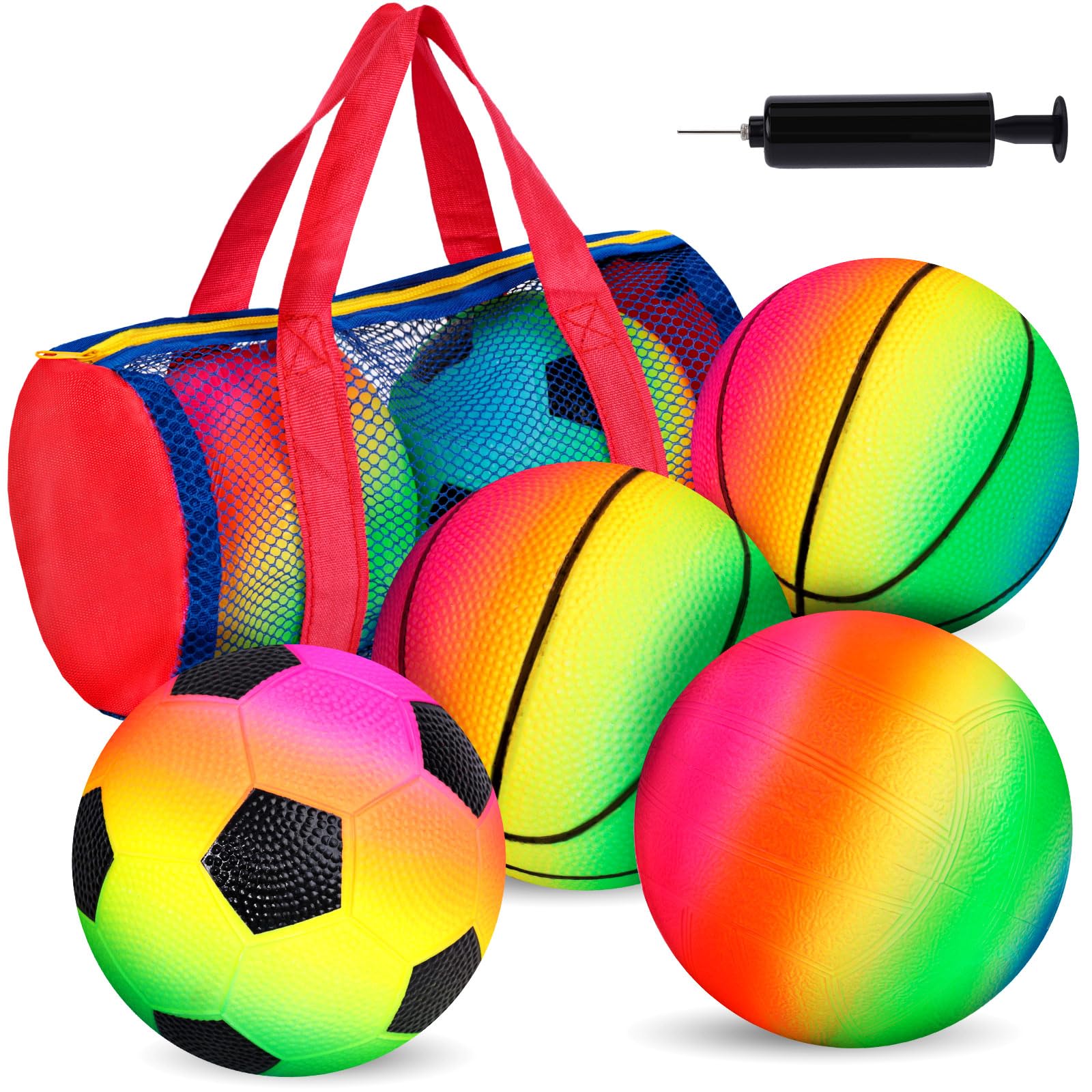 AMOR PRESENT Sport Balls for Kids, Inflatable Balls with Bag Includes Rainbow Kickballs Volleyballs Dodgeballs, Fun Indoor Outdoor Toys, Sport Soft Bouncy Playground Balls, for Kids Sport Party Favors