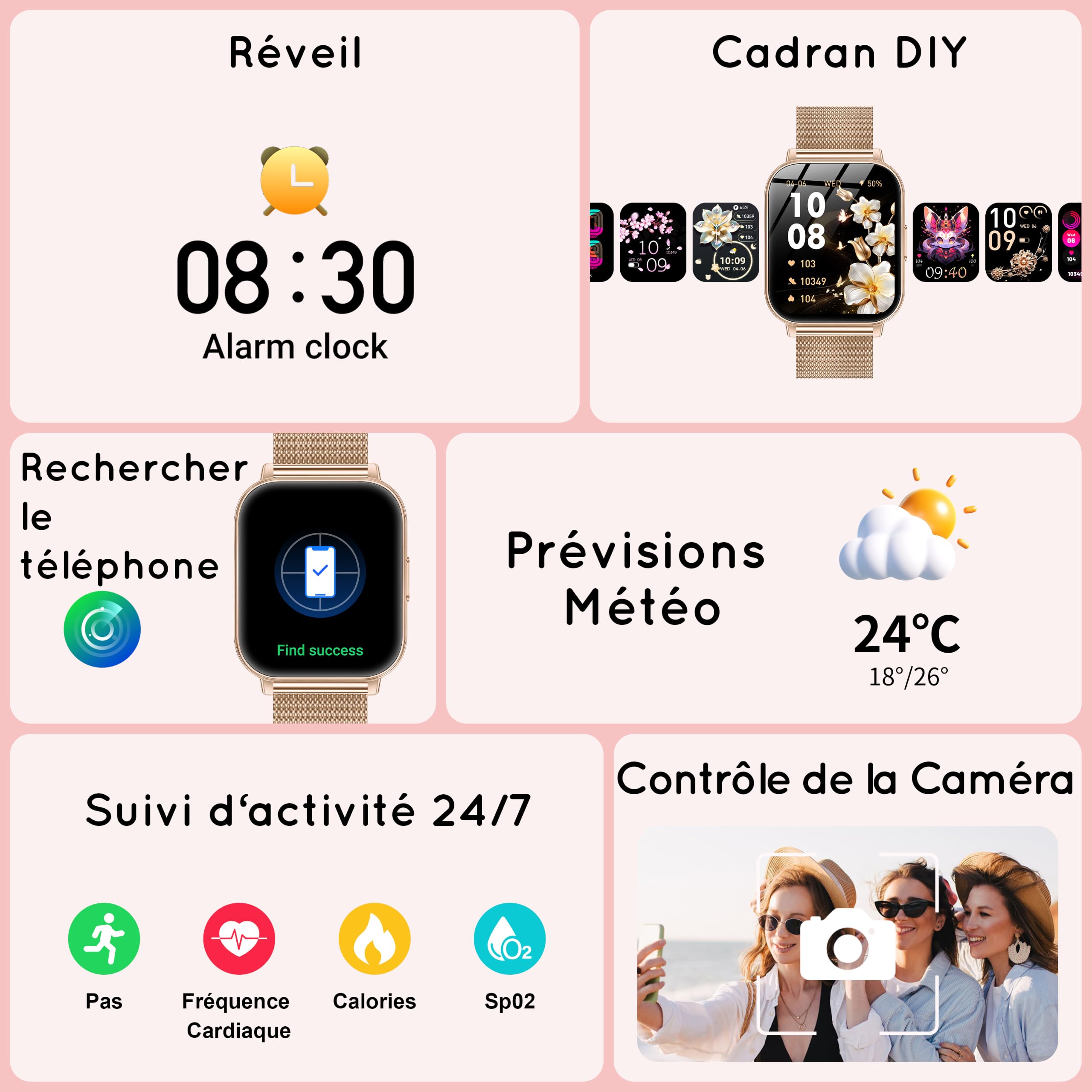 Montre Connectée Femme avec 3 Bracelets 30+ Jour Ultra 1,85" HD Fitness Smartwatch avec Appel Bluetooth/Fréquence Cardiaque/SpO2/Sommeil, 120+ Modes Sportifs,1000mAh pour iOS Android, Or Rose