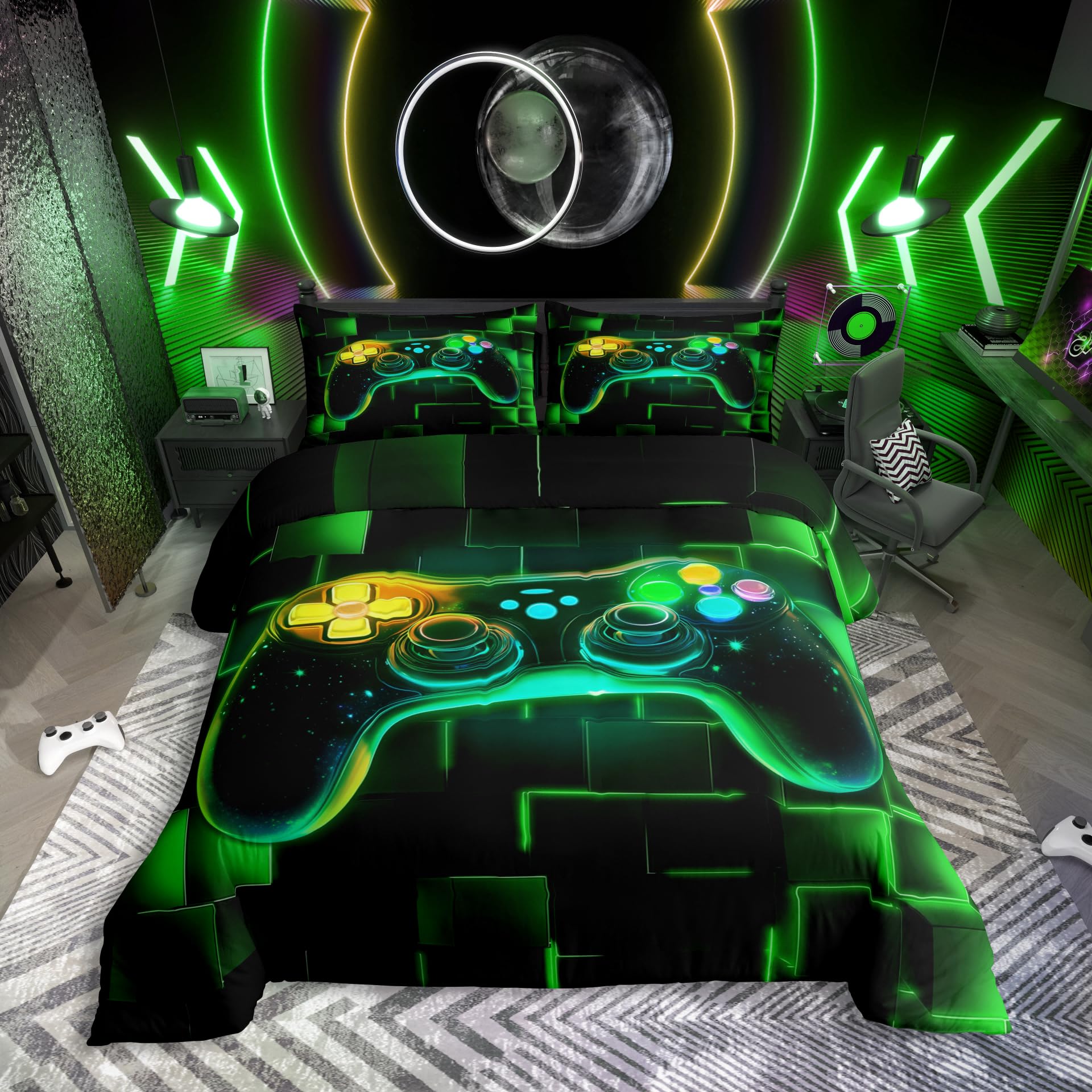 Homewish Kinder Gamer Bettwäsche 155x220cm,Gaming Bettbezug Set Geometric Videospiele Controller Gamepad Bettwäscheset Neon Glowing Square Geometrische Grid Grün Schlafzimmer Dekor Bett Set 2 Teilig