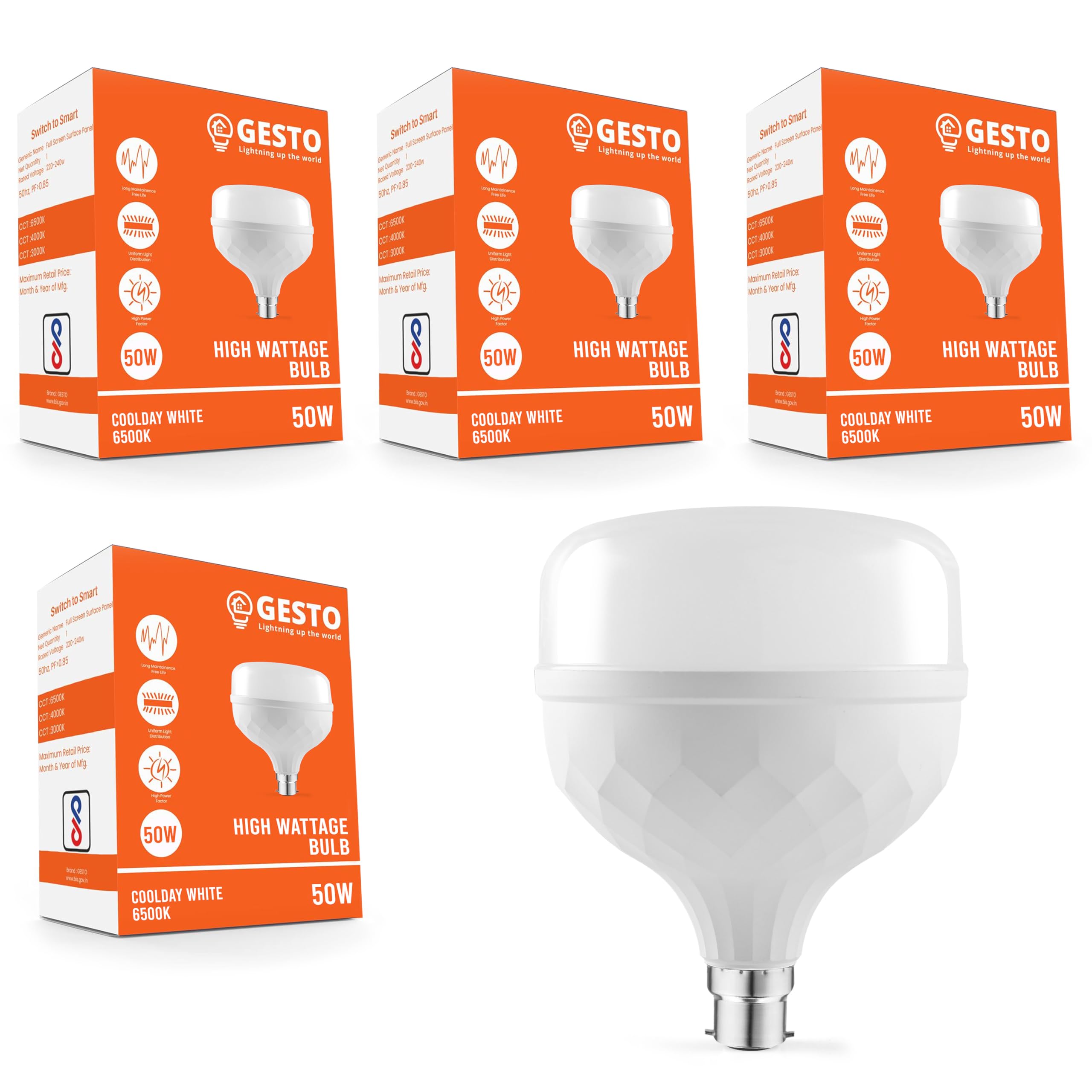 Gesto 50W Led Bulb – Upto 85% Energy Saving Ceiling Bulb Lights,Super Bright Led Light Bulb |Ceiling Lights Lamp for Home | High Watt B22 Led Bulbs for Home,Office,Godown,Factory(Cool White)-Pack of 4 (B0D4MDX79B) Amazon Price History, Amazon Price Tracker