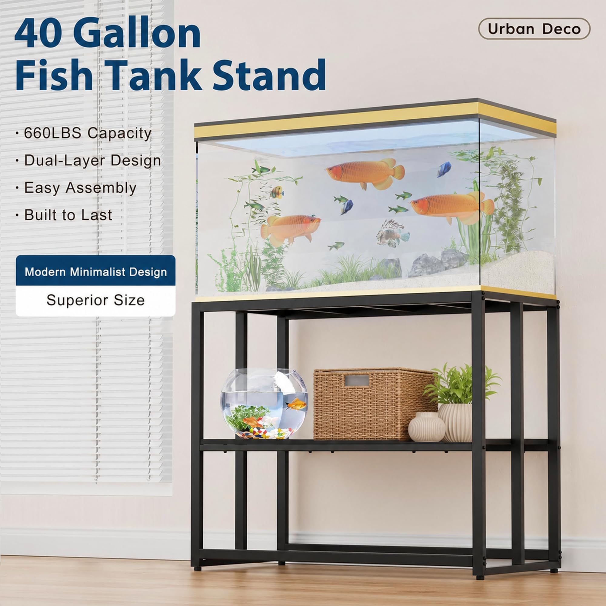 Urban Deco Soporte para pecera de 40 galones, capacidad de 660 libras para acuario, soporte de metal para pecera, 38.2 x 18.5 x 29.5 pulgadas, soporte de terrario de diseño de doble capa, ideal para