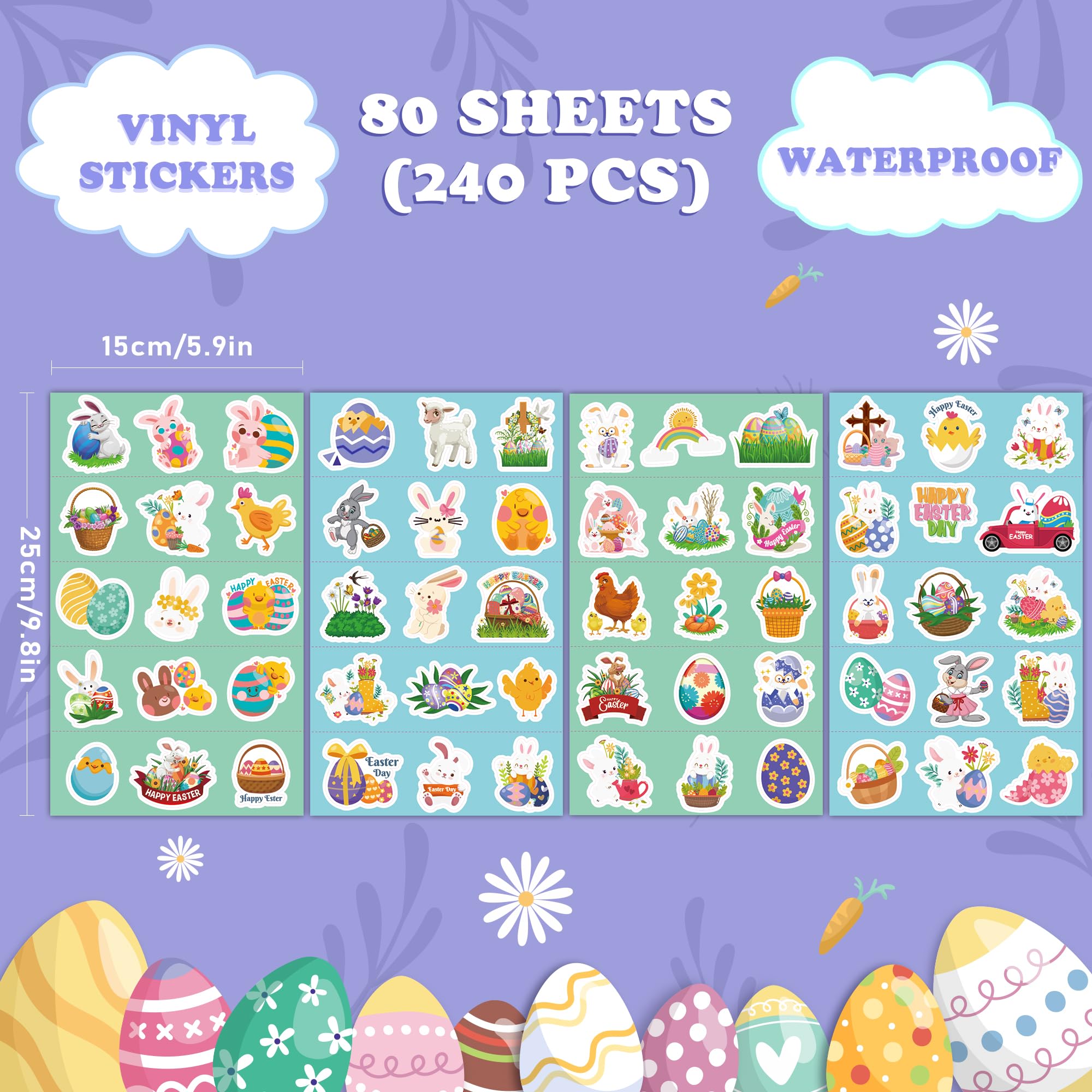 OHOME Easter Stickers for Kids - 240 PCS Easter Basket Stuffers for Boys Girls Teens Adults | Vinyl Egg Bunny Gifts Decorations Toys - Kids Easter Games Crafts Activities Party Favors