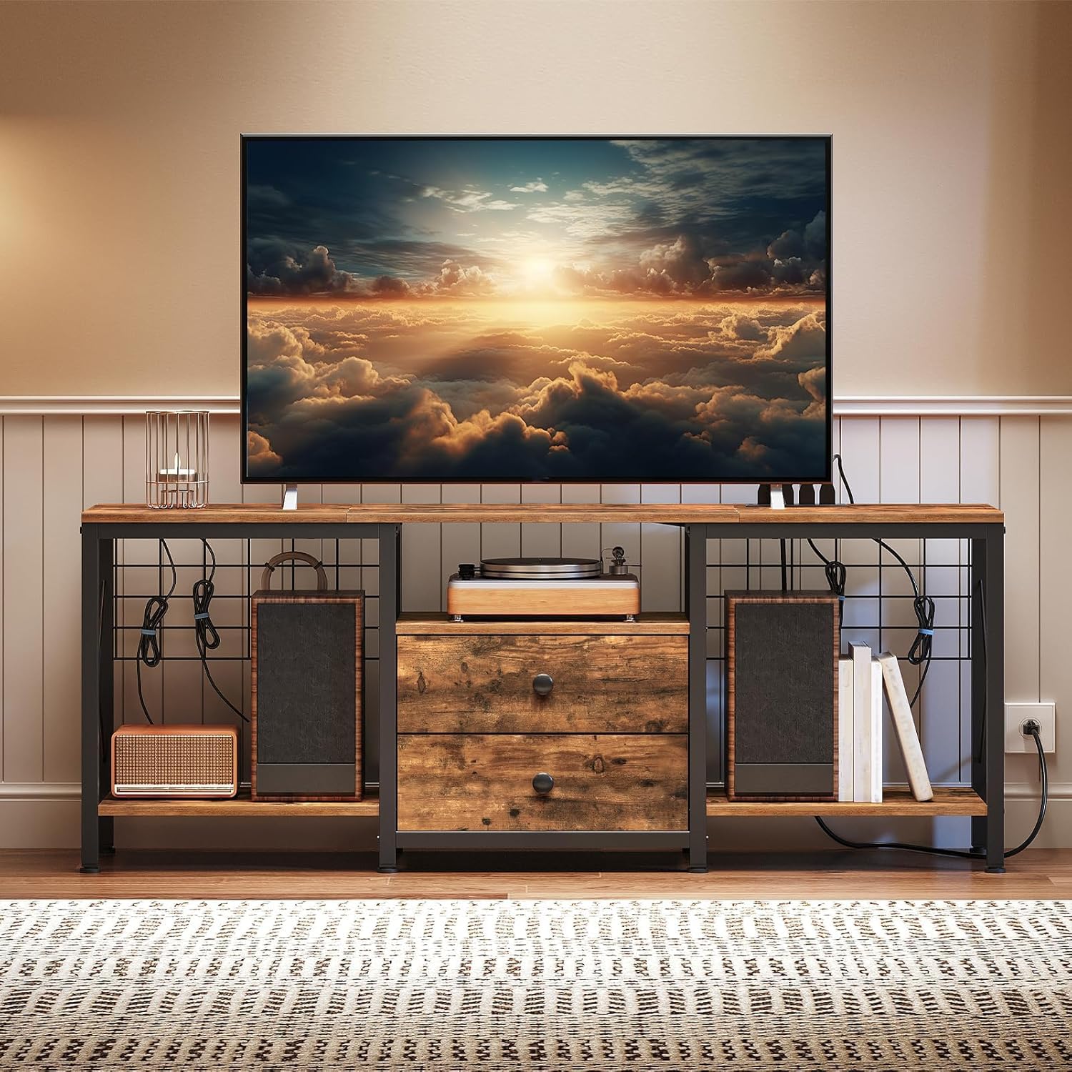 YATINEY TV Stand with Power Outlet Up to 60 Inch, Entertainment Center with 2 Fabric Drawers, TV Console Table with Open Storage Shelves for TVs,