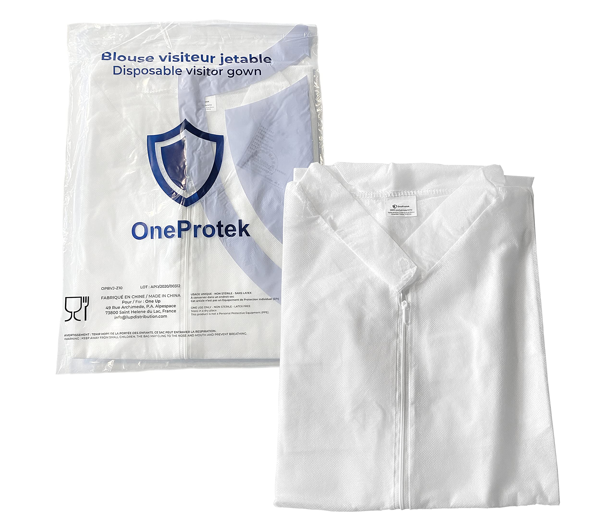 10 Surblouse jetable visiteur OneProtek - Taille XL - Fermeture éclair - Blouse blanche manche longue - Poignets jersey - Polypropylène 25 gr