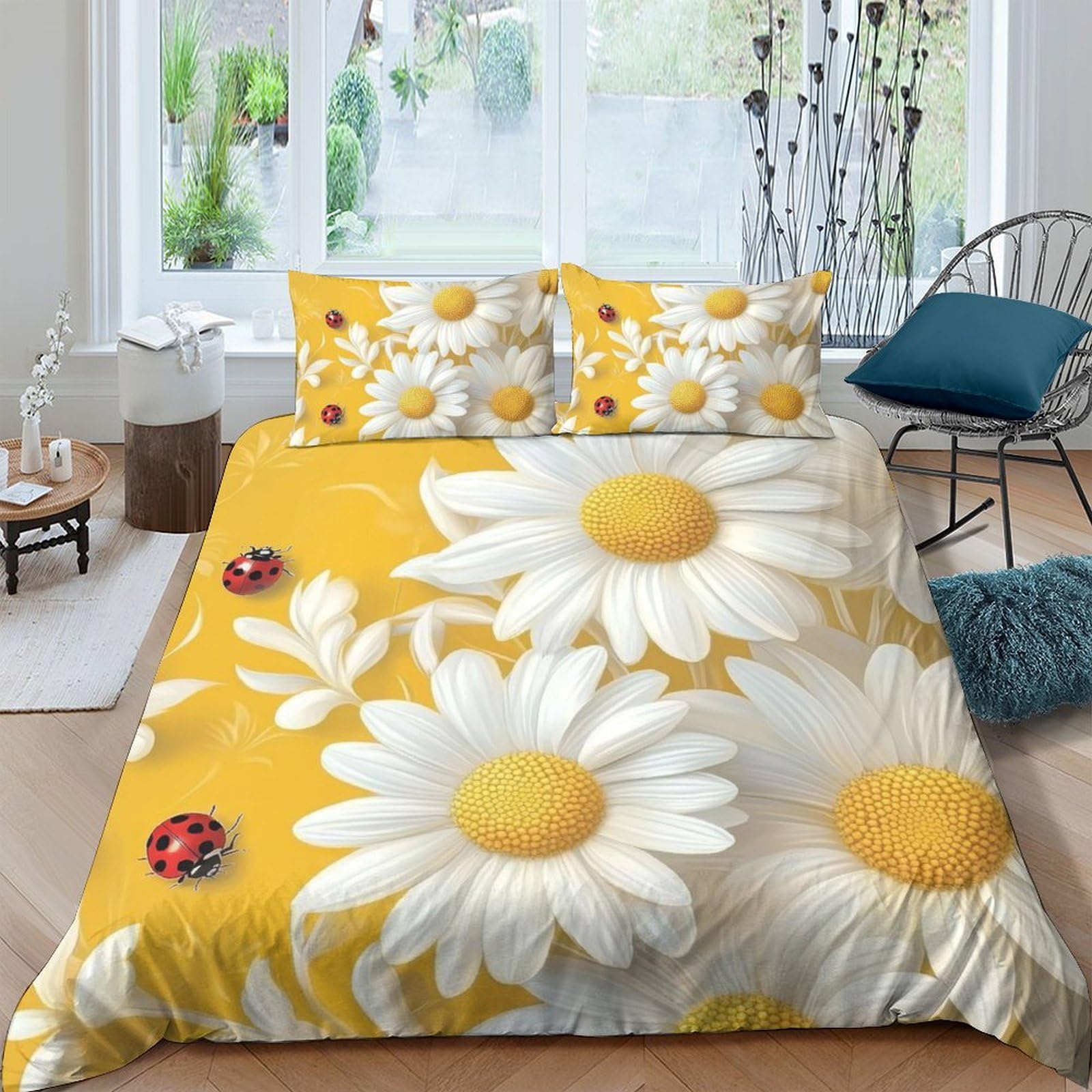 GPLZQXKJNH 3D Printed Daisy Flower Duvet Cover Microfiber Soft Yellow Ladybug Bedding Set with 2 Pillowcases for Bedroom Decor Single（135x200cm）