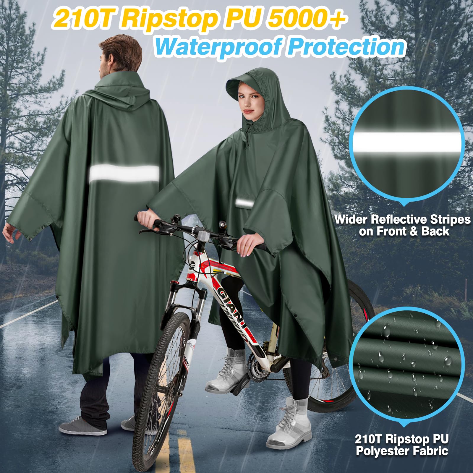 Poncho Pluie Imperméable avec Capuche et Poche Cape de Pluie Réutilisable Poncho Légère Respirant Veste Coupe-Pluie avec Bande Réfléchissante Poncho de Pluie Unisexe pour Randonnée Camping Vélo