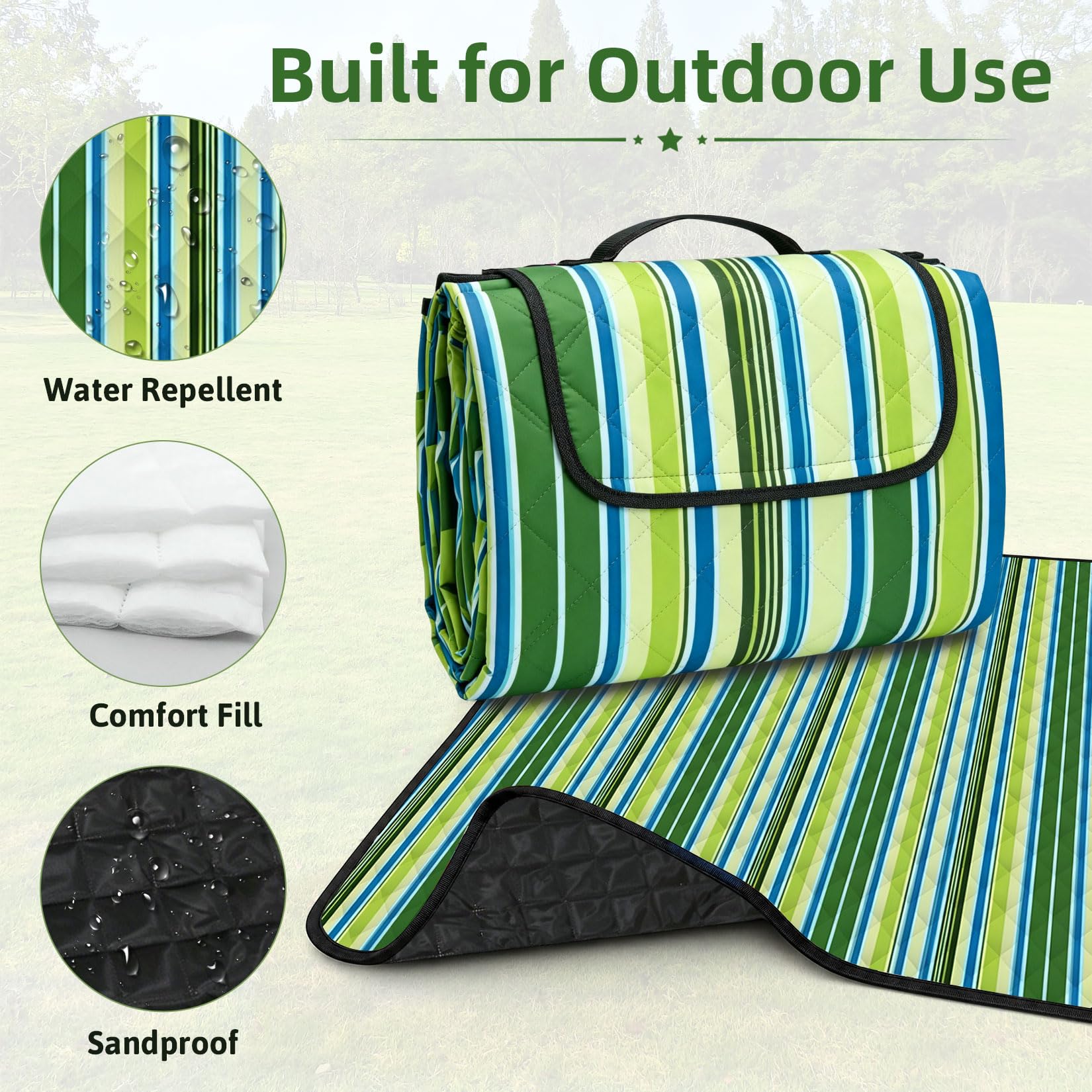 Coperta da picnic impermeabile, 200 x 200 cm, grande, portatile, lavabile, per campeggio, spiaggia e parco (verde)
