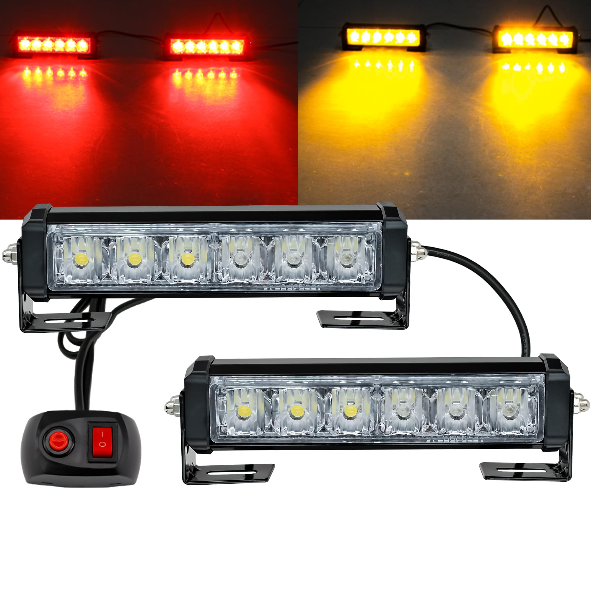 LED Emergency Strobe Lights Bar 2Pcs Red Yellow Double Color Warning Police Grille Lights Bar Surface Mount Fit for Motorcycle POV Utility Vehicle Construction Vehicle and Tow Truck Van
