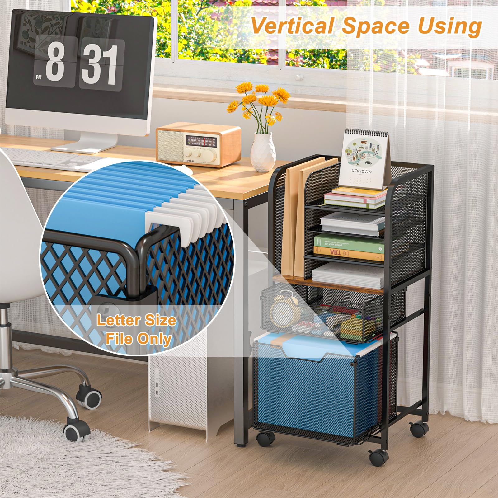 Carrello portadocumenti a 6 ripiani con 2 cassetti, organizer per cartelle sospese, archiviazione file formato lettera con ruote, armadietto mobile multistrato per ufficio e casa