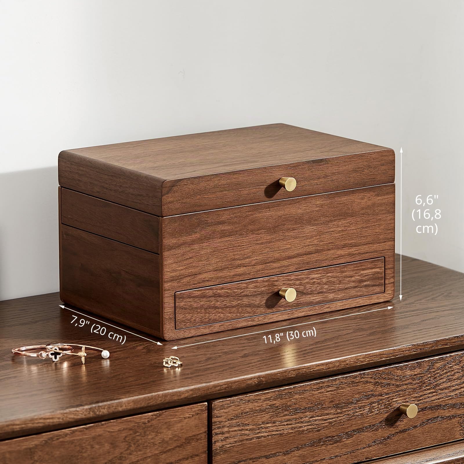 Joyero de madera para mujer, caja organizadora multifuncional de 3 niveles, para relojes, collares, anillos y aretes, Regalo para Ella (nogal negro) | Organizador de joyas de madera grande, cajones multifuncionales, reloj, collar, anillo, almacenamiento d