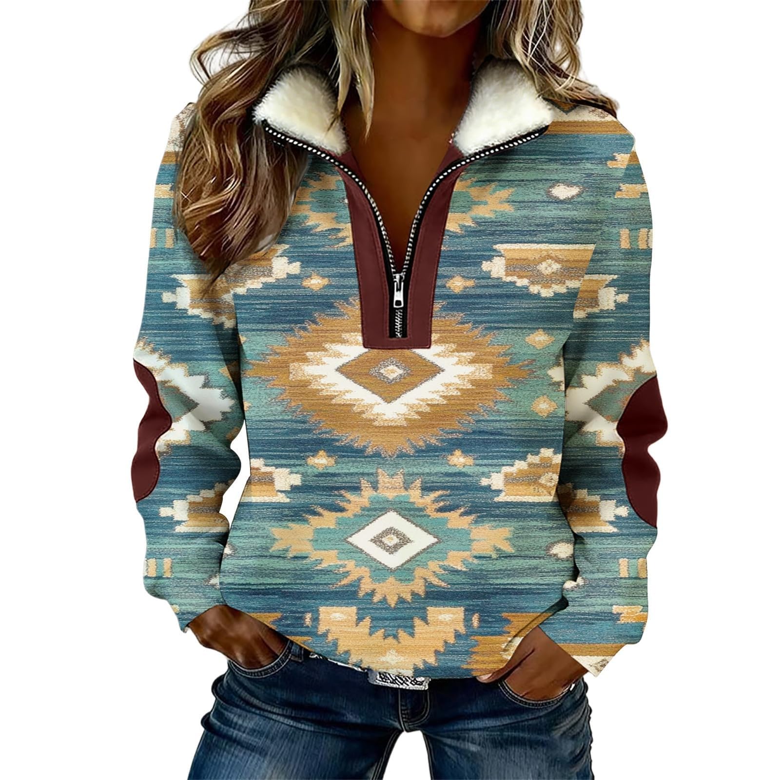 Sudadera Estilo Azteca Occidental con Cremallera Completa, sin Capucha, de Manga Larga, Estilo Informal, para Mujer