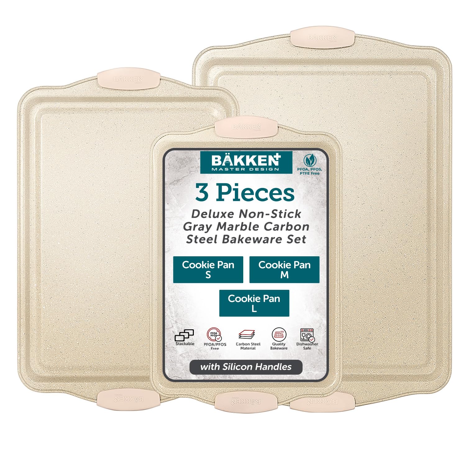 BAKKENMASTERBAKKEN Cookie Sheets for Baking Nonstick Set - 3-Piece Stackable Carbon Steel Baking Sheet Pans Set with Silicone Handles, Non Toxic Cookie Sheets for Baking Bakeware Set - White Marble