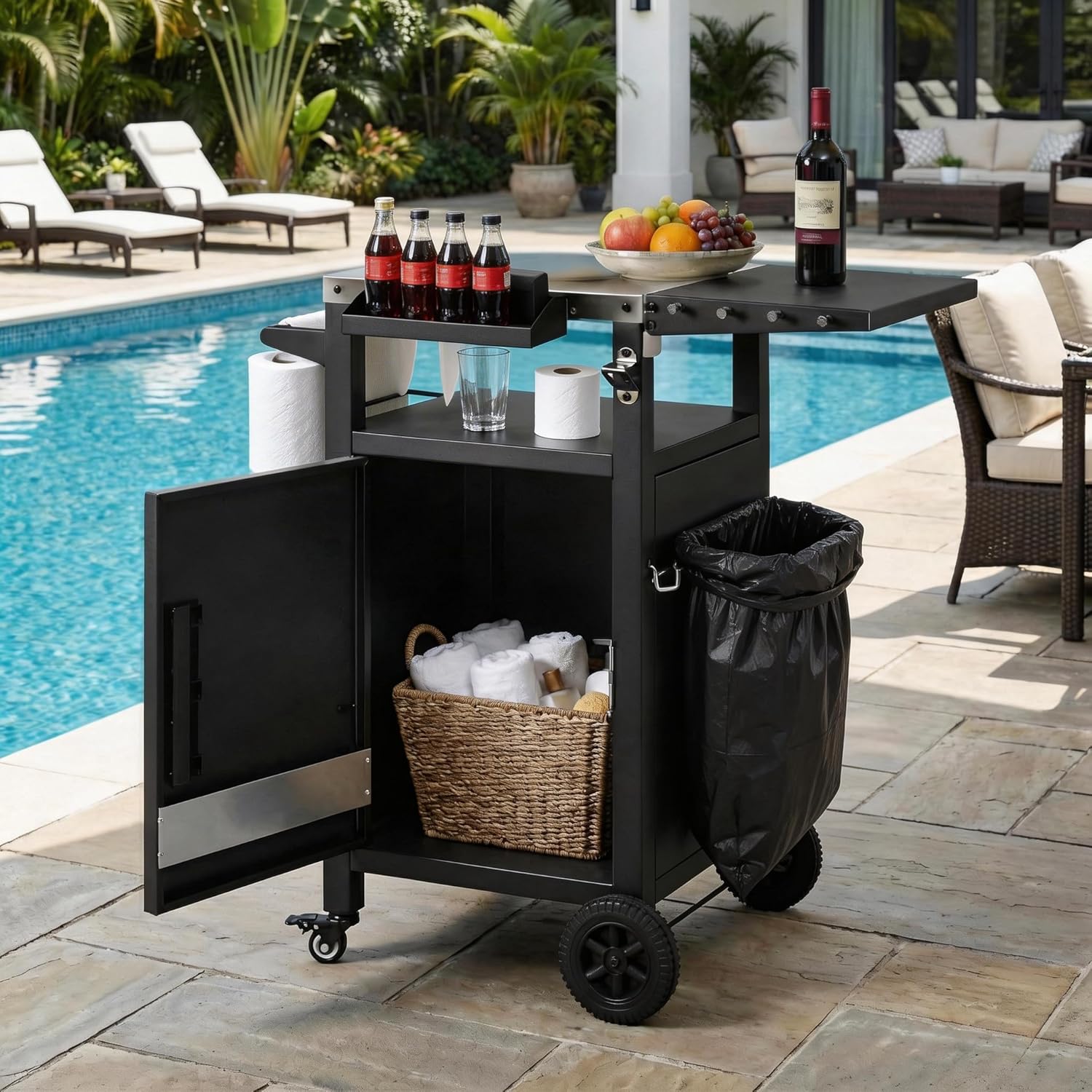 Casaphoria 33.9" Outdoor Kitchen Island BBQ Grill Cart, Stainless Steel Countertop Bar Cart with Folding Table,2 Lockable Wheels, Storage Cabinet, Spice Rack, Paper Towel Holder for Patio Lawn Garden