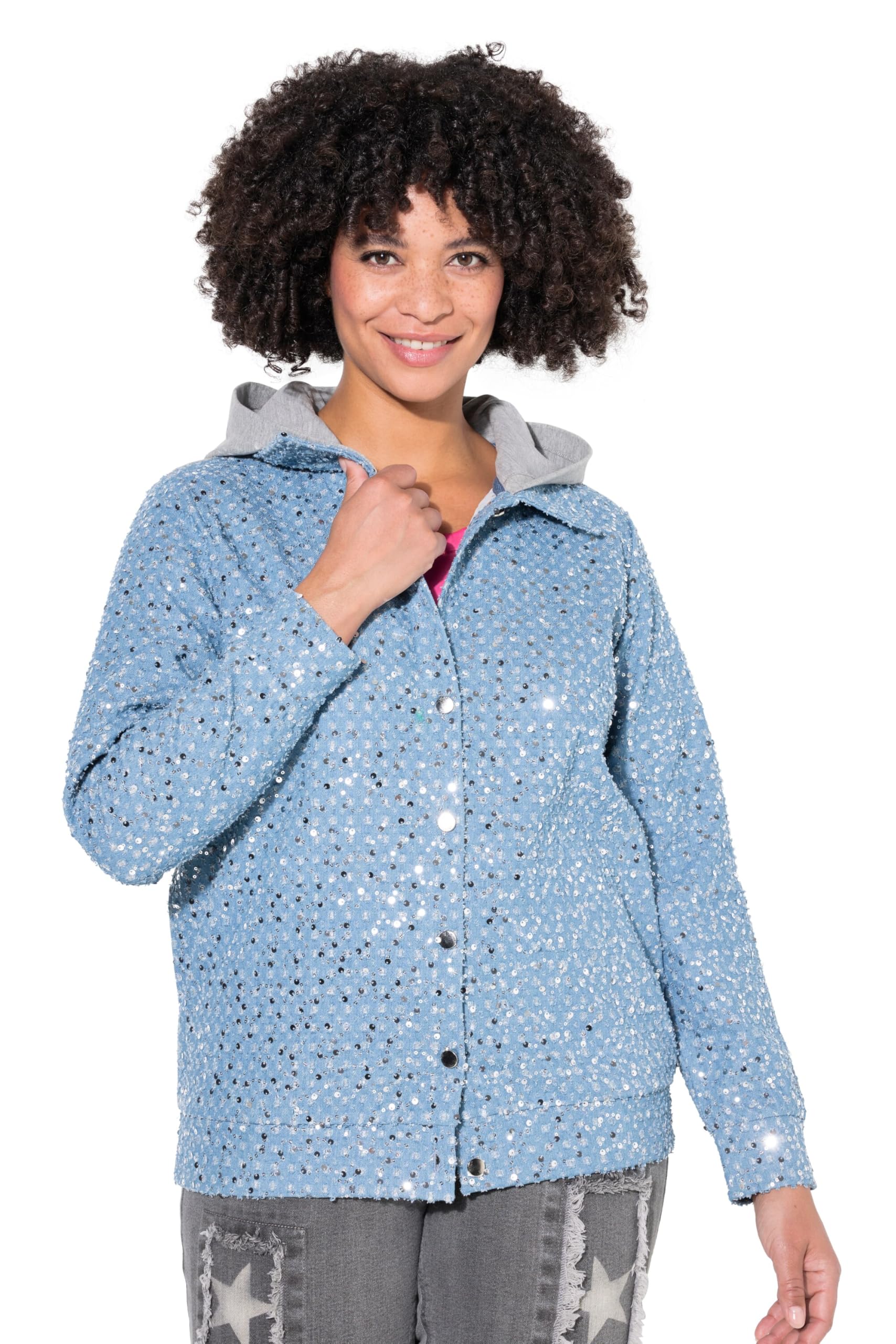 Angel of Style Damen große Größen Übergrößen Plus Size Sweatjacke mit Kapuze, vorne Denimoptik, Pailletten, Kapuze 839173