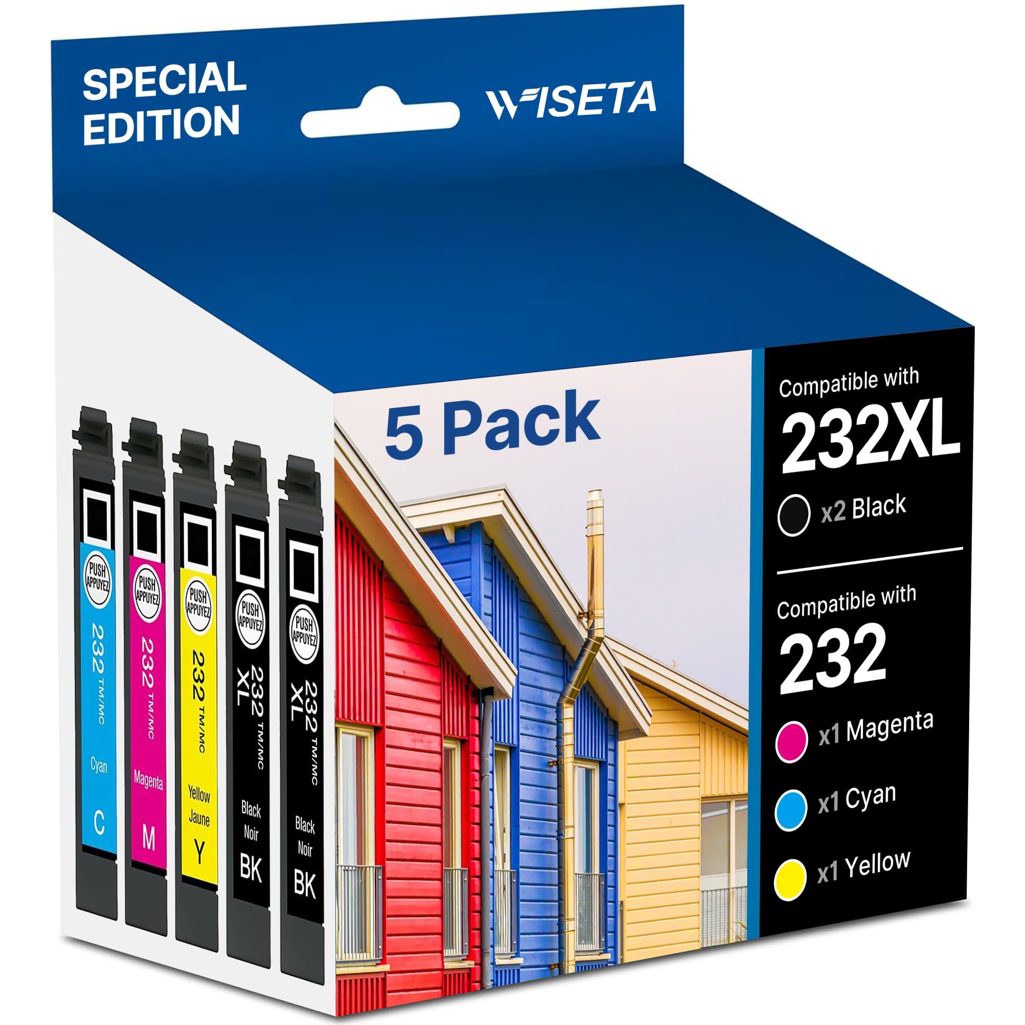 Wiseta 232XL Ink Cartridges Combo Pack Remanufactured for Epson 232XL Ink Cartridges Combo Pack for 232 232XL 232 XL T232 to use with XP-4205 XP-4200 WF-2930 WF-2950 Printer, 5 Pack-BCMY