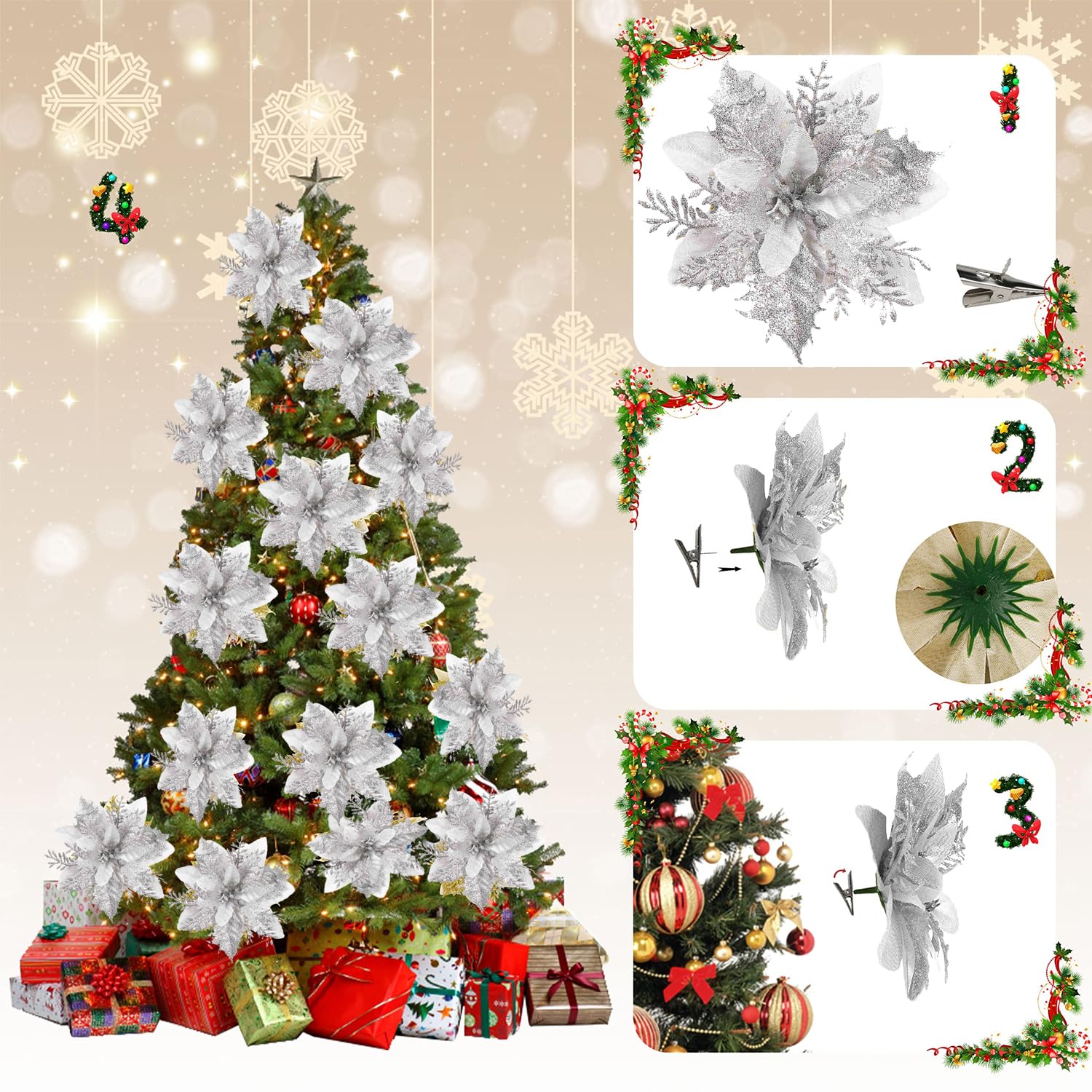 WUBAYI 12Pcs Glitter Artificial Poinsettia Flowers with 12 Stems & Clips - Image 4