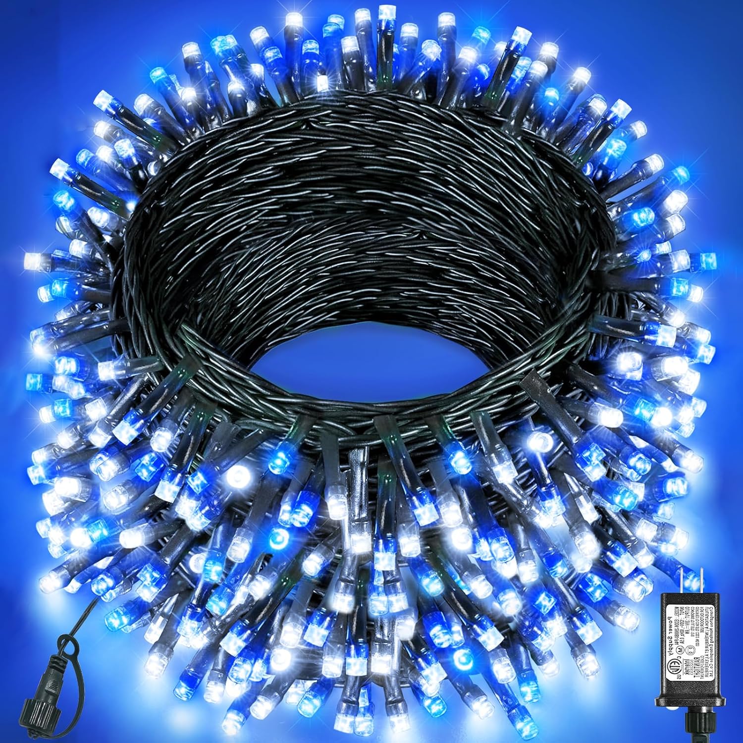 197FT 600 LED Christmas Lights Outdoor Indoor, Plug in String Lights for Outside 8 Modes, Waterproof Christmas Tree Lights for Outside Bedroom Wedding Party Holiday Decorations, Blue White