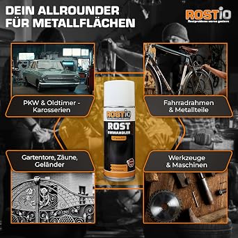 Rostio Rostumwandler Spray 400 ml – Rostkonverter & Korrosionsschutz – farblos – überlackierbar nach ca. 120 Min – Epoxidharz-Basis – temperaturbeständig bis 180 °C