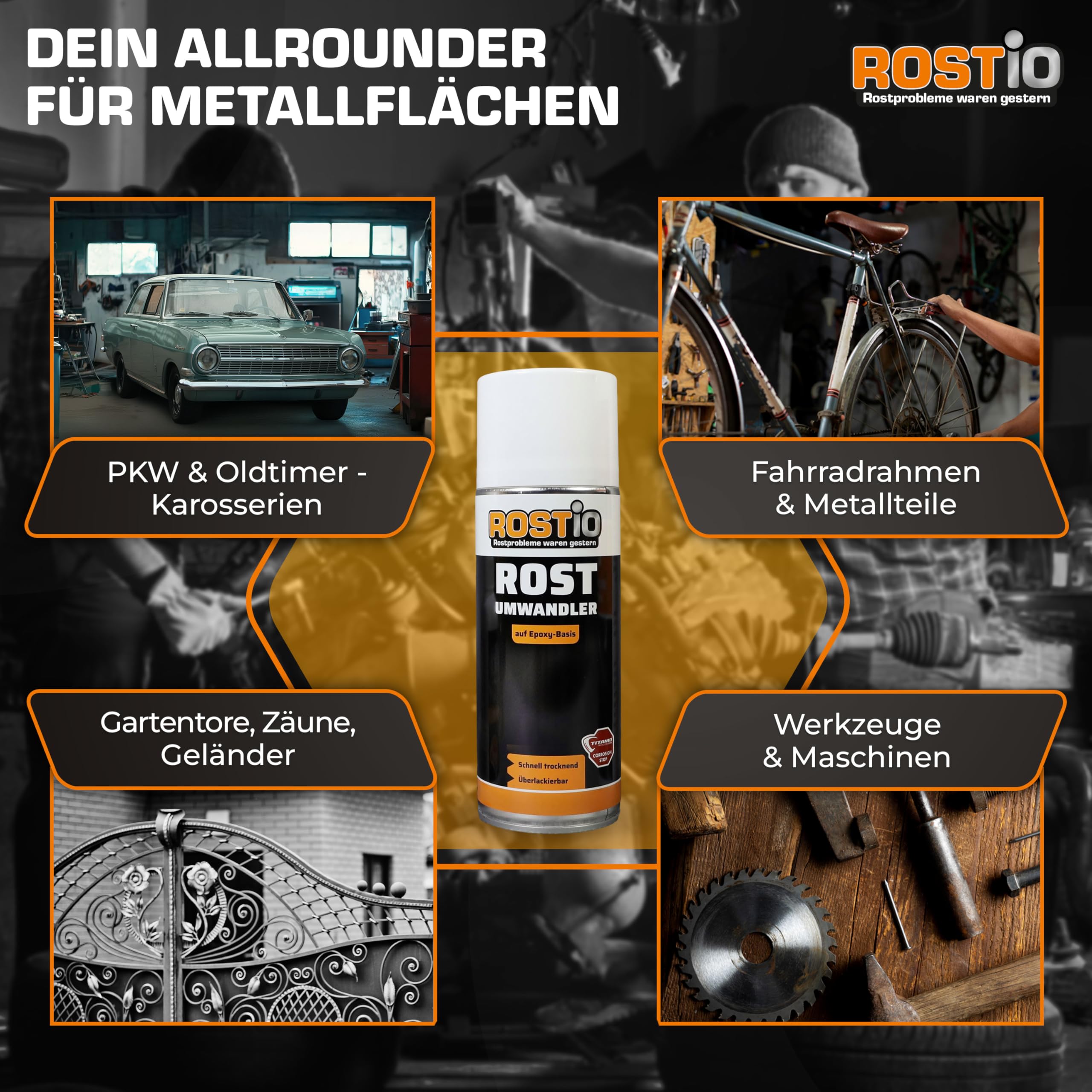 Rostio Rostumwandler Spray 3 x 400 ml – Rostkonverter & Korrosionsschutz – Rostentferner farblos – überlackierbar nach ca. 120 Min – Epoxidharz-Basis – temperaturbeständig bis 180 °C