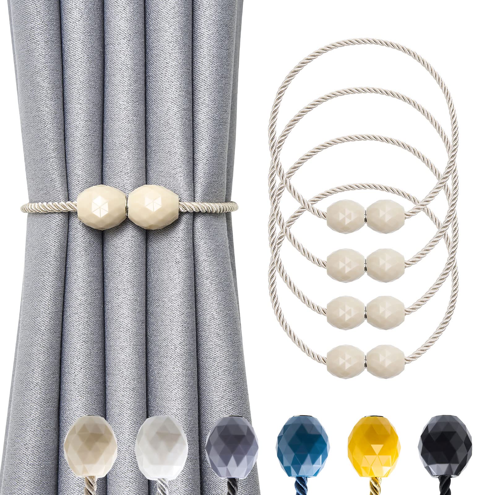 Pretty Jolly 4 Pack Magnetic Curtain Tiebacks Handmade Weave Rope Curtain Holdbacks Elegant Decorative Polyhedra Curtain Drape Tie Backs for Home & Office Thick & Thin Window Drapery (Beige)