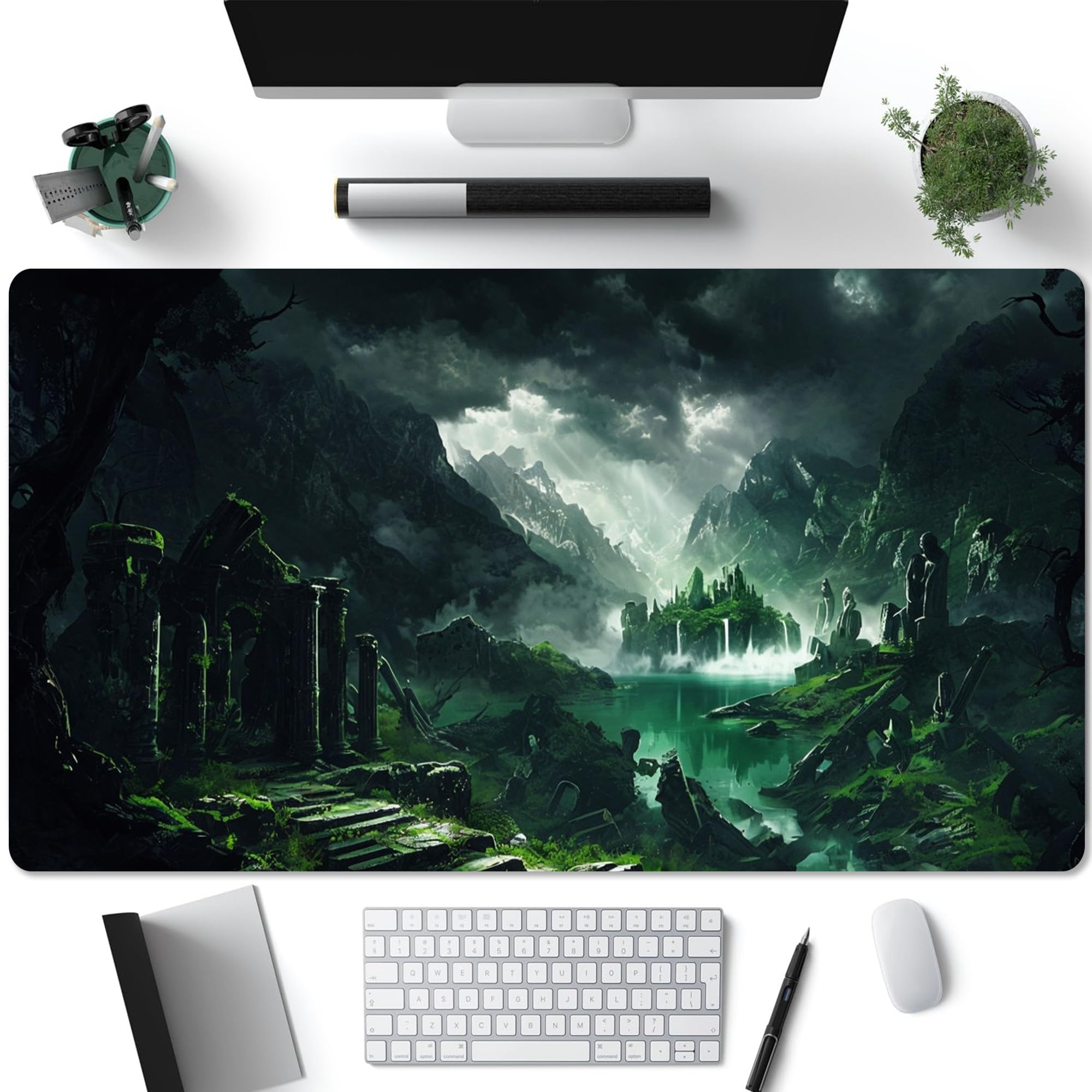 Mystical Ruins with Green Misty Mountains Desk Mat, Large Gaming Mouse Pad for Office and Home, Fantasy Non-Slip Extended Desk Mat, Smooth Surface,