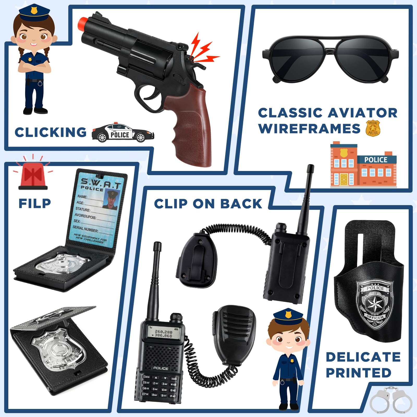 Disfraz Policia Niño con Esposas Juguete Niños, Funda de Pistola, Silbato, Placa Policia y Otros Accesorios de Juguete, Policia Disfraz Lujo para Halloween de Cosplay